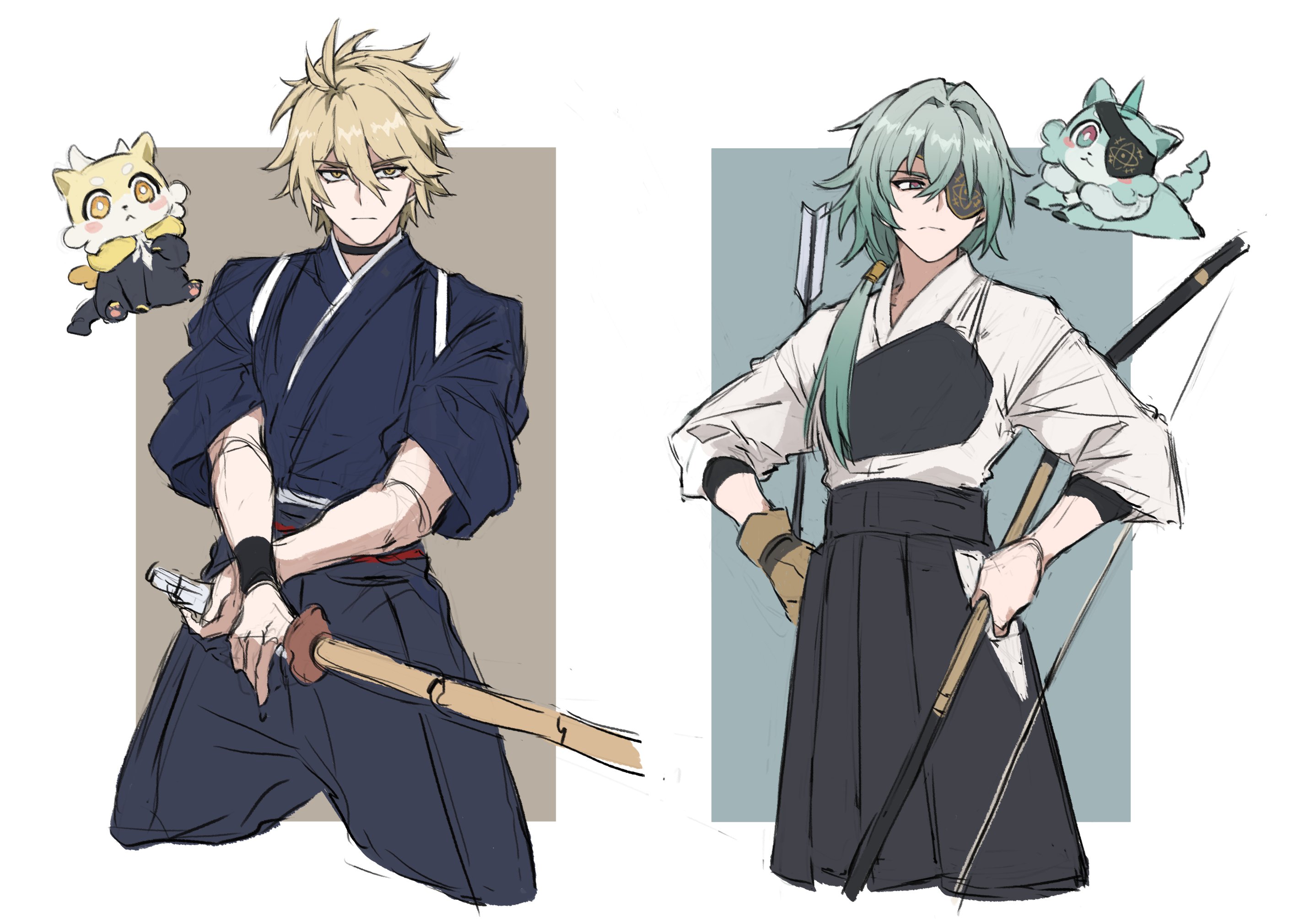papajay (jennygin2), anaxa (honkai: star rail), anaxa (nanus) (honkai: star rail), chimera (honkai: star rail), phainon (honkai: star rail), phainon (khaslana) (honkai: star rail), phainon (vigethos) (honkai: star rail), honkai: star rail, honkai (series), commentary, highres, symbol-only commentary, 2boys, alternate costume, animal ears, animal nose, armor, arrow (projectile), black choker, black fur, black pants, blonde hair, blue background, blue eyes, blue fur, blue pants, blue shirt, border, bow (weapon), bright pupils, brown background, brown gloves, choker, closed mouth, cowboy shot, creature, crossed arms, eyepatch, gloves, green hair, hair between eyes, hair ornament, hakama, hakama pants, hands on own hips, holding, holding arrow, holding bow (weapon), holding sword, holding weapon, horns, japanese armor, japanese clothes, kote, kurokote, long hair, looking at viewer, looking to the side, low ponytail, male focus, multicolored eyes, multiple boys, official alternate eye color, official alternate hair color, outside border, pants, ponytail, purple eyes, purple pupils, shirt, short hair, short sleeves, simple background, single glove, standing, sword, tail, two-tone fur, v-shaped eyebrows, weapon, white border, white fur, white pupils, white shirt, yellow eyes, yellow fur