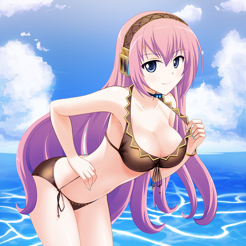 hyokkori tamago, megurine luka, project diva, project diva (series), vocaloid, 1girl, bent over, bikini, blue eyes, breasts, brown bikini, cleavage, day, female focus, front-tie top, large breasts, leaning forward, long hair, looking at viewer, nail polish, pink hair, side-tie bikini bottom, solo, swimsuit