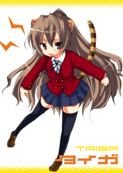 dancho (dancyo), skull.03, aisaka taiga, toradora!, bad id, bad pixiv id, 00s, 1girl, animal ears, brown eyes, brown hair, female focus, long hair, school uniform, solo, tail, thighhighs, tiger ears, tiger tail, tongue