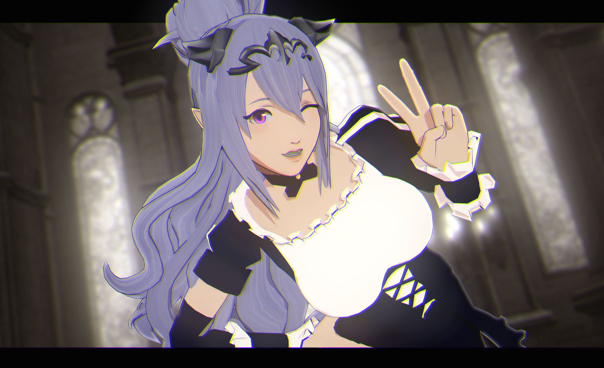 universalkun, camilla (fire emblem), female kana (fire emblem), fire emblem, fire emblem fates, nintendo, 3d, aged up, breasts, castle, fang, large breasts, long bangs, long hair, one eye closed, peace symbol, pointy ears, purple eyes, purple hair, smile, stained glass, tiara, time skip, wink