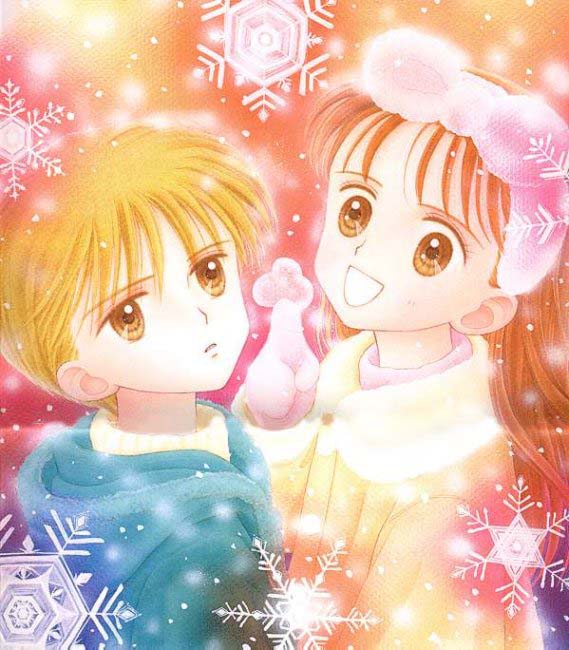 obana miho, hayama akito, kurata sana, kodomo no omocha, official art, 1990s (style), blonde hair, brown eyes, coat, long hair, mittens, red hair, snow, snowflakes, winter