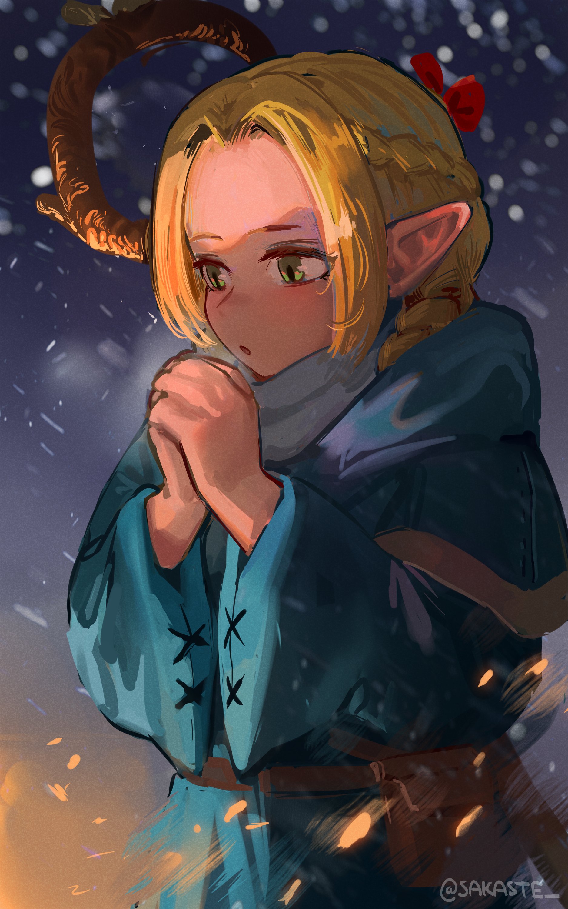 sakaste, marcille donato, dungeon meshi, absurdres, commentary, english commentary, highres, 1girl, artist name, belt, belt pouch, blonde hair, blue robe, braid, cold, crown braid, elf, green eyes, long hair, long sleeves, mage staff, open mouth, own hands clasped, own hands together, pointy ears, pouch, robe, scarf, snowing, solo, staff, twitter username, white scarf