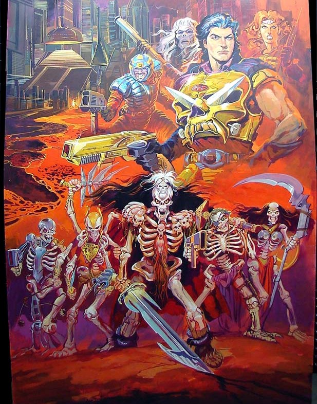 aracula (skeleton warriors), baron dark (skeleton warriors), dagger (skeleton warriors), dr.cyborg (skeleton warriors), grimskull (skeleton warriors), lightstar (skeleton warriors), shriek (skeleton warriors), talyn (skeleton warriors), ursak the guardian (skeleton warriors), skeleton warriors, armor, black hair, dagger, eyepatch, gloves, gun, open mouth, scythe, skeleton, skull, sword, teeth, weapon, white hair