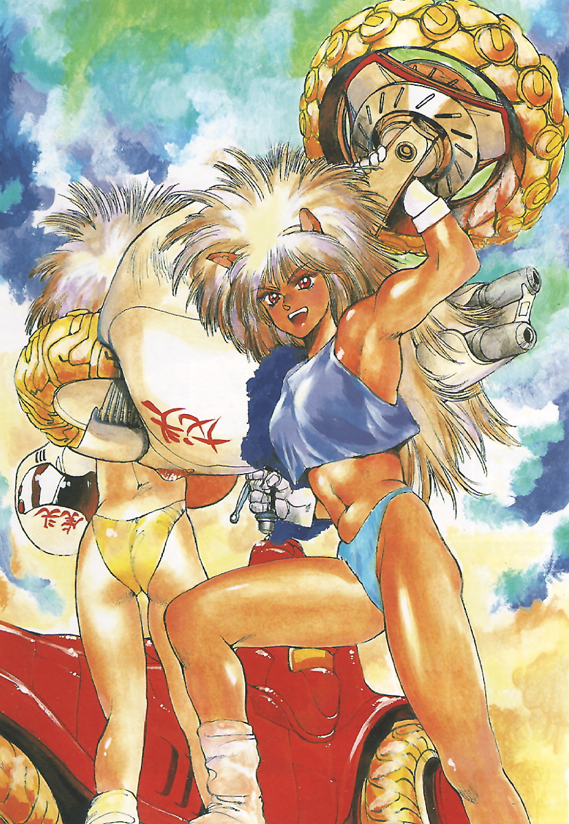 shirou masamune, annapuma, unipuma, dominion (manga), dominion tank police, highres, traditional media, 2girls, :d, android, animal ears, armpits, ass, back, biceps, big hair, bikini, bikini bottom only, blonde hair, car, carrying, cat ears, cloud, crop top, day, from behind, gloves, helmet, long hair, looking at viewer, loose socks, midriff, motor vehicle, motorcycle, motorcycle helmet, multiple girls, muscular, muscular female, open mouth, outdoors, red eyes, siblings, sisters, sky, smile, socks, swimsuit, tan, tank top, twins, white hair