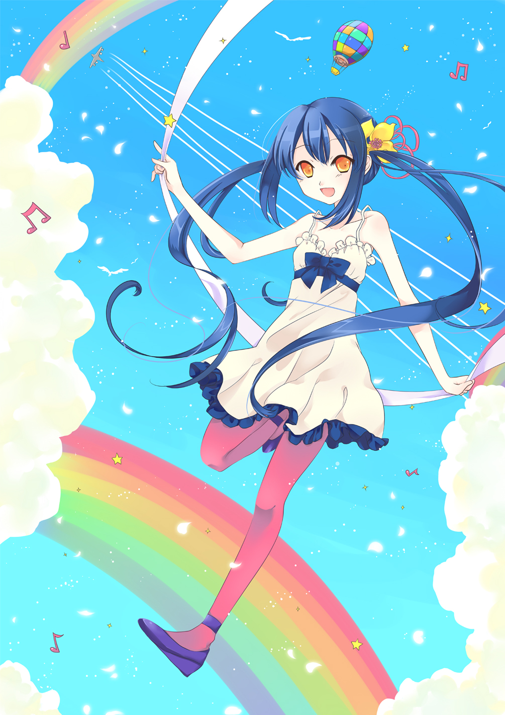 akara (pixiv), ceru, nakano azusa, k-on!, bad id, bad pixiv id, highres, 00s, 1girl, aircraft, airplane, balloon, bare shoulders, blue hair, cloud, dress, female focus, flower, full body, hair flower, hair ornament, long hair, musical note, outdoors, pantyhose, pink pantyhose, rainbow, ribbon, sky, solo, twintails, yellow eyes