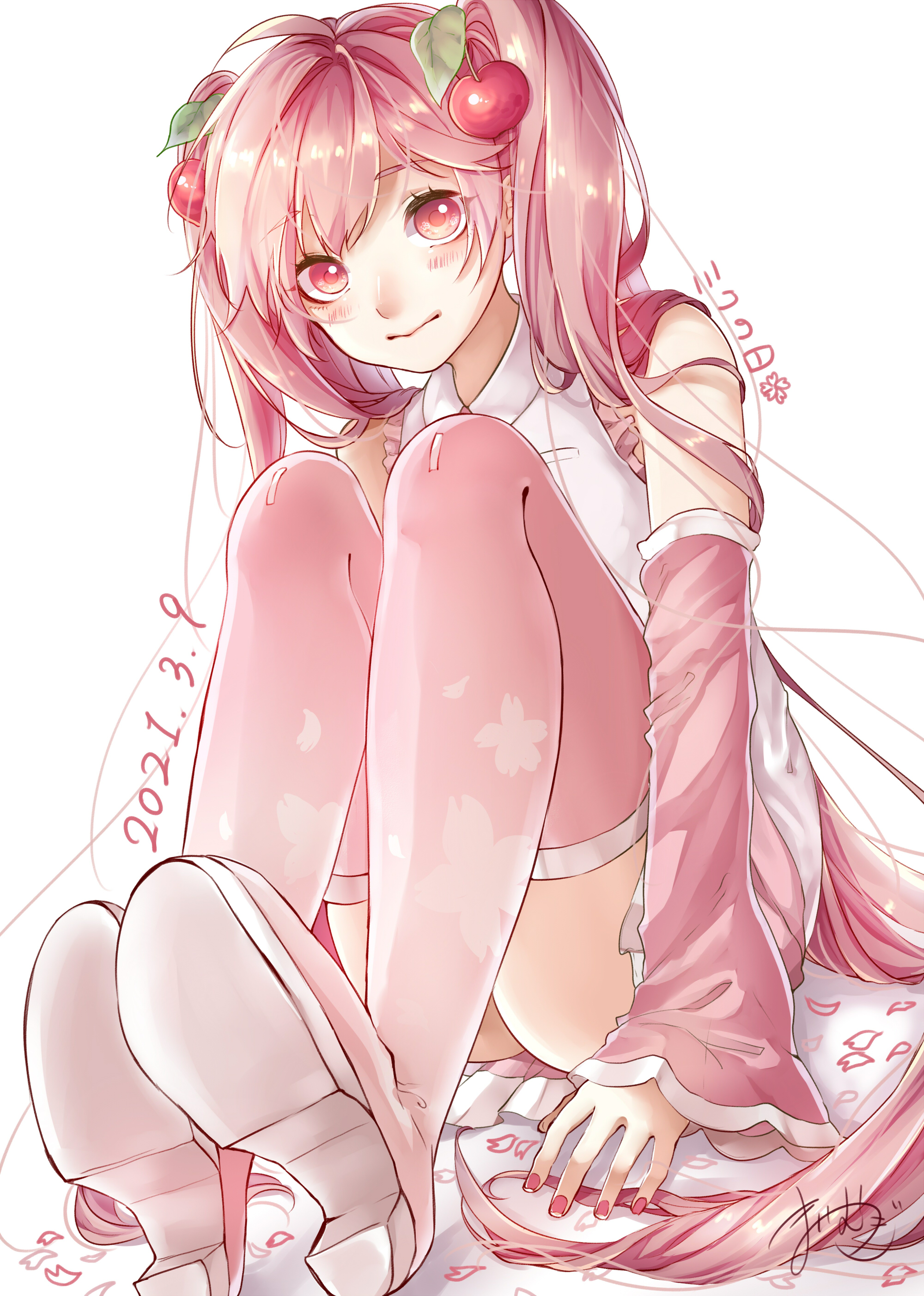 mai mugi, hatsune miku, sakura miku, vocaloid, absurdres, commentary request, highres, 1girl, blush, boots, breasts, cherry hair ornament, closed mouth, collared shirt, food-themed hair ornament, hair between eyes, hair ornament, long hair, looking at viewer, medium breasts, miku day, necktie, official alternate costume, petals, pink boots, pink eyes, pink hair, pink necktie, pink shirt, shirt, signature, simple background, sitting, sleeveless, sleeveless shirt, smile, solo, thigh boots, twintails, upper body, very long hair, white background, white shirt, wide sleeves