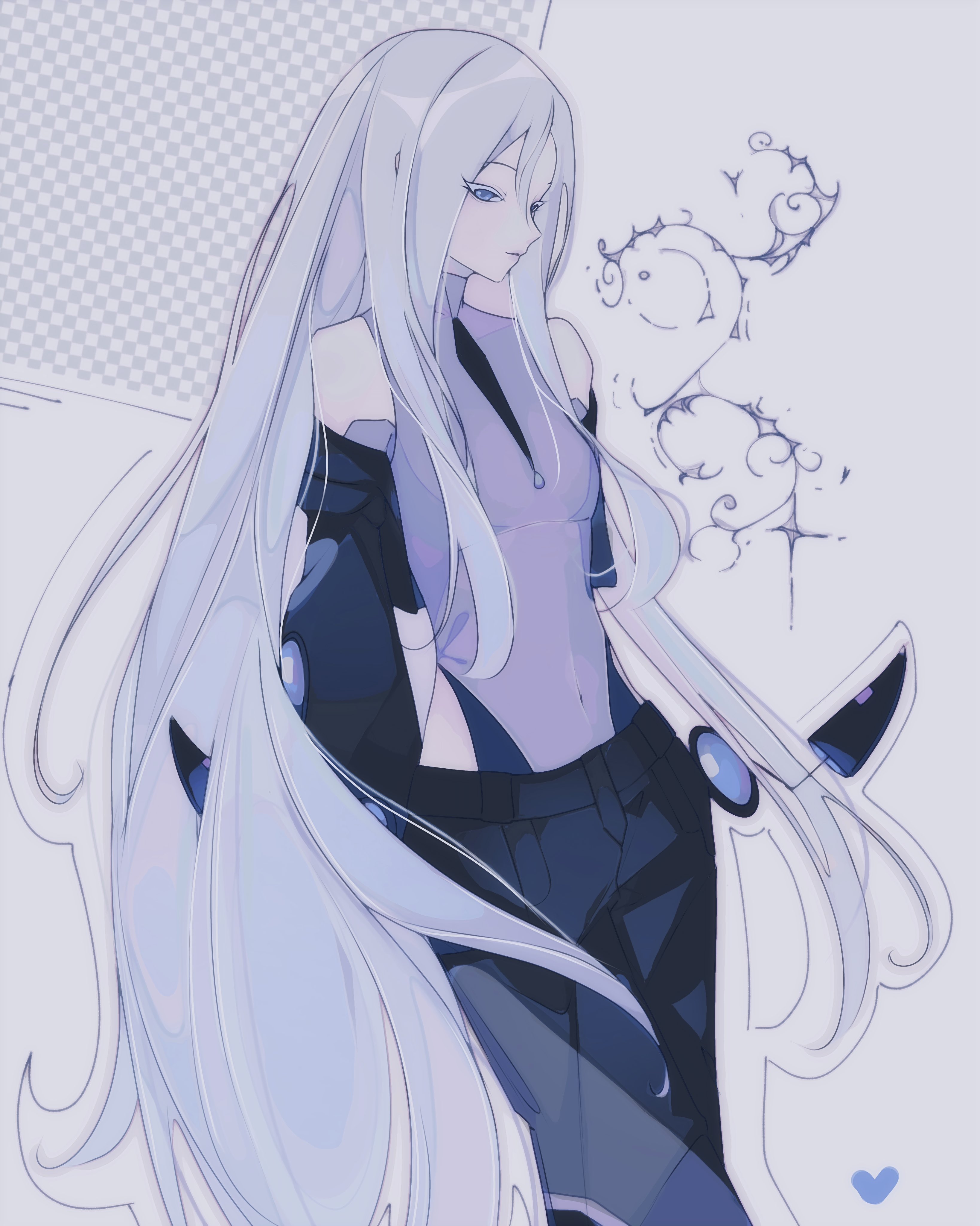 oogypng, 25-ji luka, megurine luka, yoisaki kanade, project sekai, absurdres, commentary, english commentary, highres, 1girl, 25-ji luka (cosplay), alternate costume, arms behind back, black jacket, black pants, blue eyes, breasts, closed mouth, colored eyelashes, cosplay, covered collarbone, covered navel, cropped jacket, feet out of frame, grey hair, hair between eyes, high collar, highleg, highleg leotard, jacket, leotard, leotard under clothes, long hair, long sidelocks, long sleeves, megurine luka (cosplay), nose, off shoulder, open clothes, open jacket, outline, pants, purple leotard, purple theme, sidelocks, sideways glance, simple background, small breasts, solo, standing, straight hair, tomoni true route wo mezashite (project sekai), very long hair