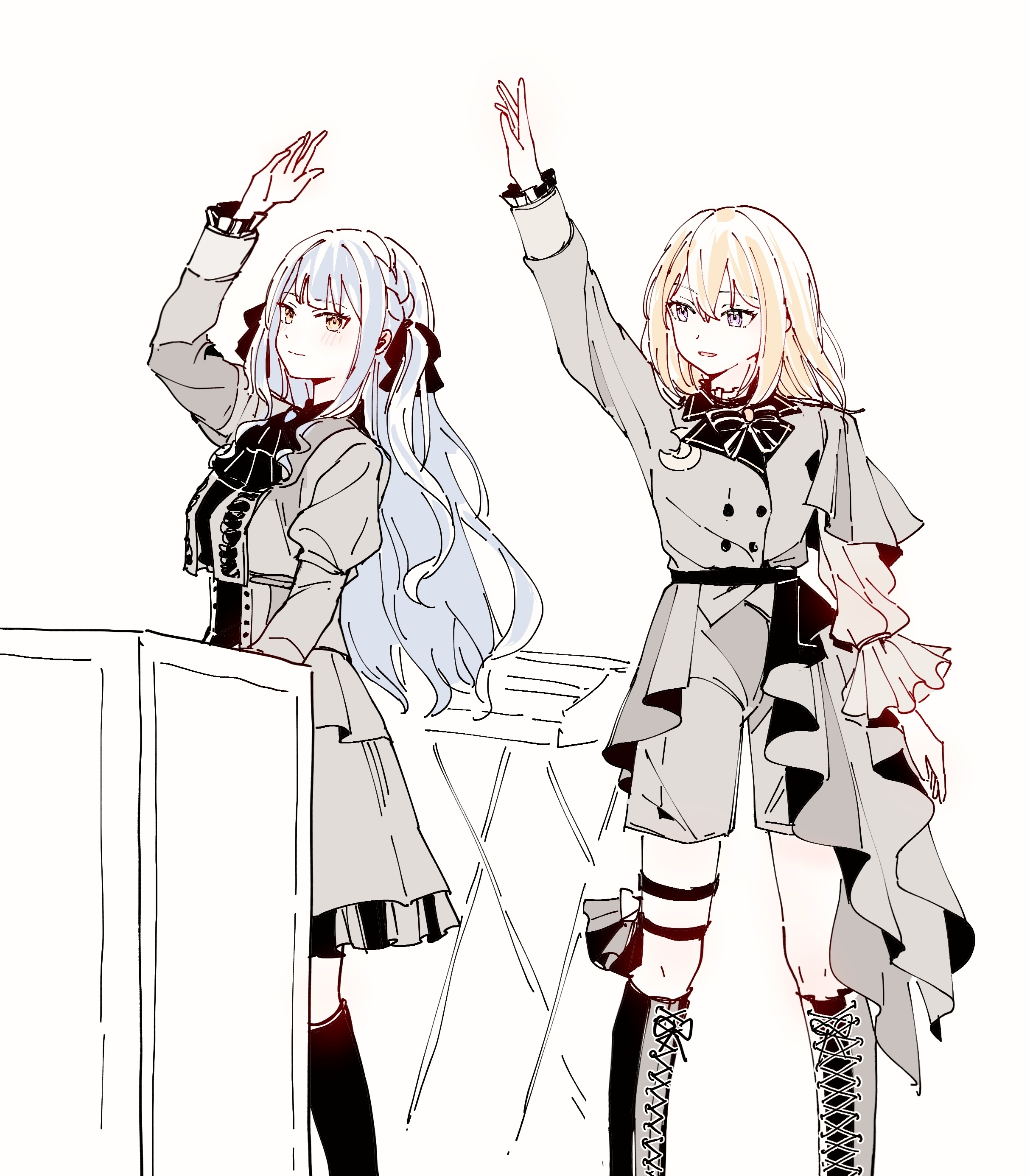 sen jin chen, misumi uika, togawa sakiko, bang dream!, bang dream! it's mygo!!!!!, absurdres, chinese commentary, commentary request, highres, 2girls, arm up, blue hair, dress, grey dress, grey jacket, grey shorts, hachibousei dance (bang dream!), hair between eyes, jacket, long hair, long sleeves, multiple girls, open mouth, purple eyes, shorts, sidelocks, simple background, white background