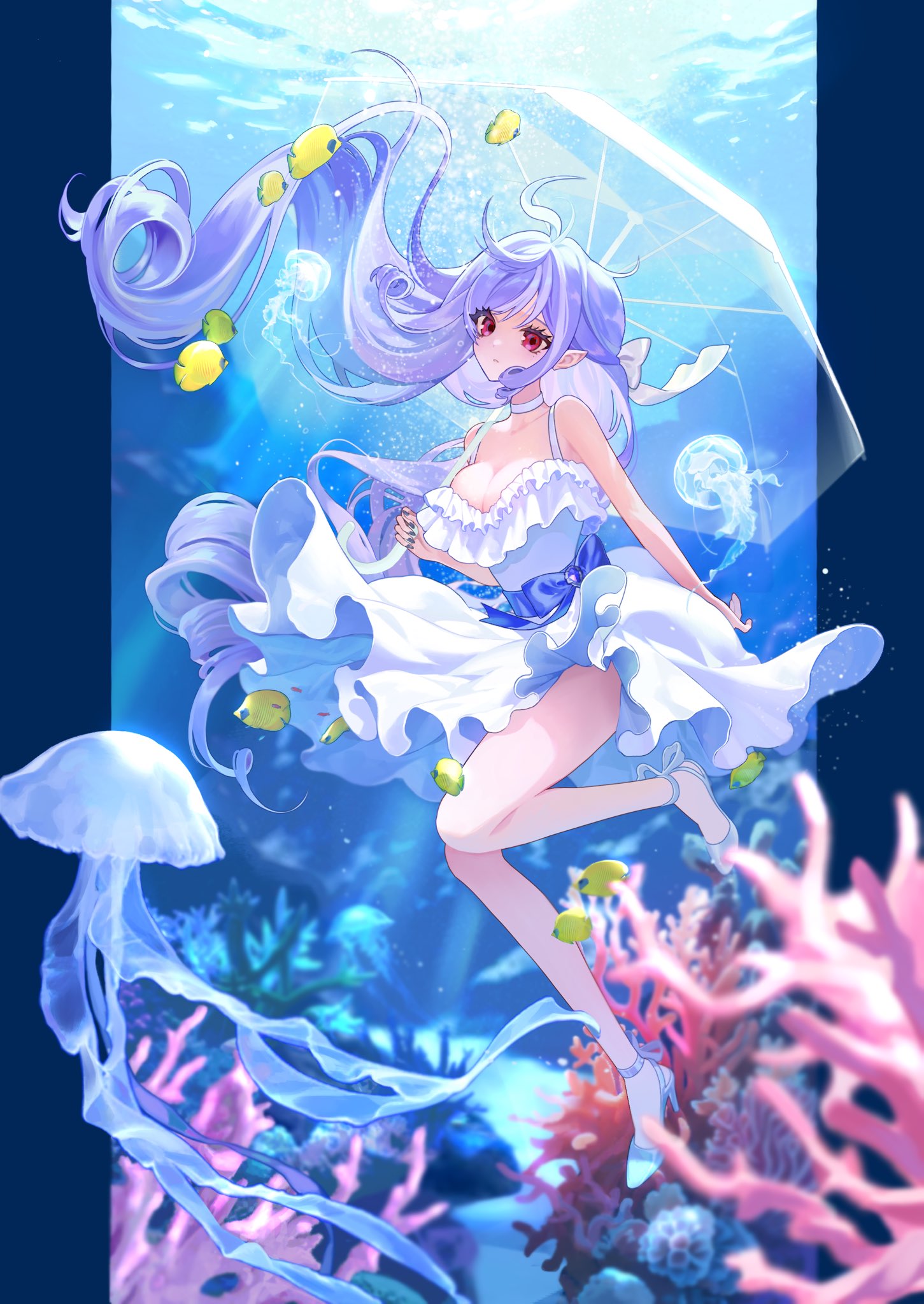 mumu 0221, vivian banshee, zenless zone zero, commentary, duplicate, highres, pixel-perfect duplicate, 1girl, ahoge, blue bow, blue gemstone, blue nails, bow, breasts, cleavage, closed mouth, coral, day, dress, fingernails, fish, floating hair, gem, high heels, holding, holding umbrella, jellyfish, long hair, looking at viewer, mole, mole under eye, nail polish, purple hair, red eyes, shoes, solo, spread legs, umbrella, underwater, very long hair, white dress, white shoes