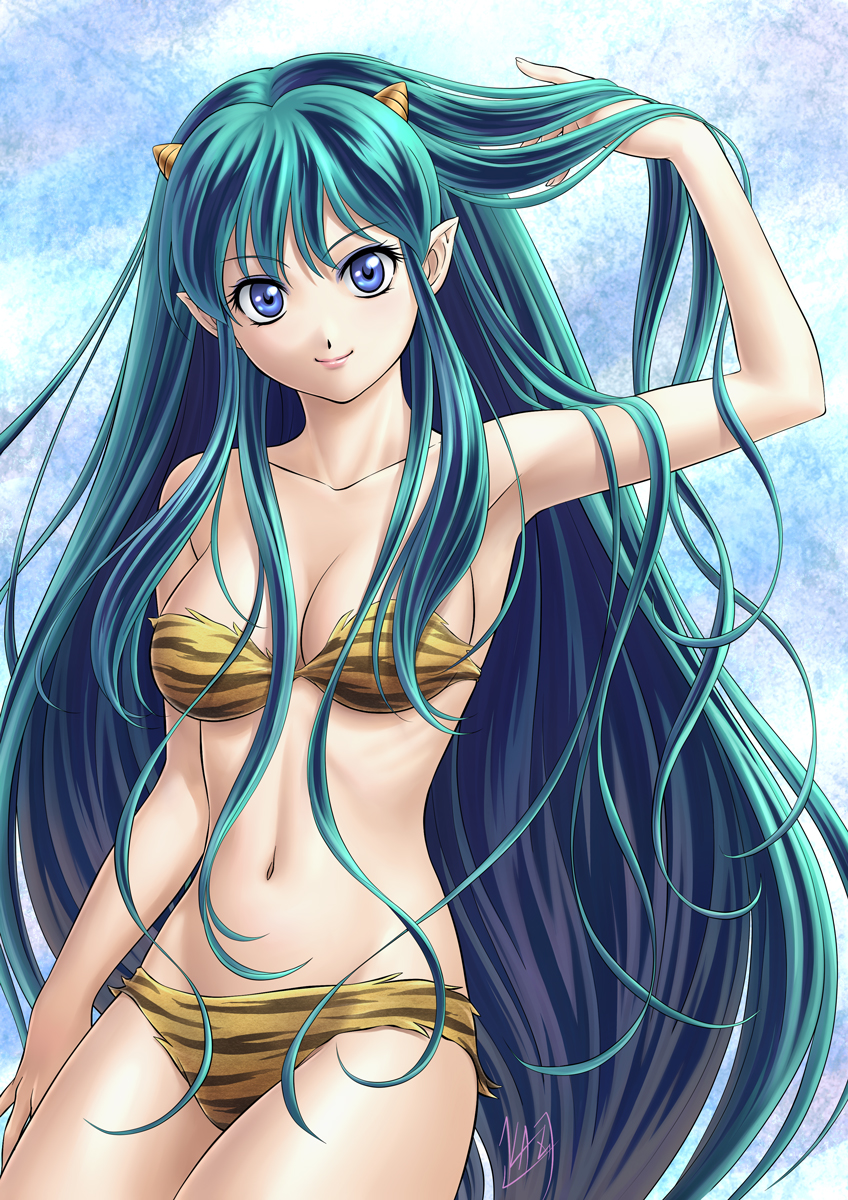 mcq, lum, urusei yatsura, highres, 1girl, animal print, armpits, bare shoulders, bikini, blue eyes, breasts, cleavage, collarbone, cone horns, eye contact, female focus, green hair, horns, large breasts, lipstick, long hair, looking at another, looking at viewer, makeup, narrow waist, navel, oni, pointy ears, ribs, signature, skinny, small horns, solo, swimsuit, tiger print, very long hair