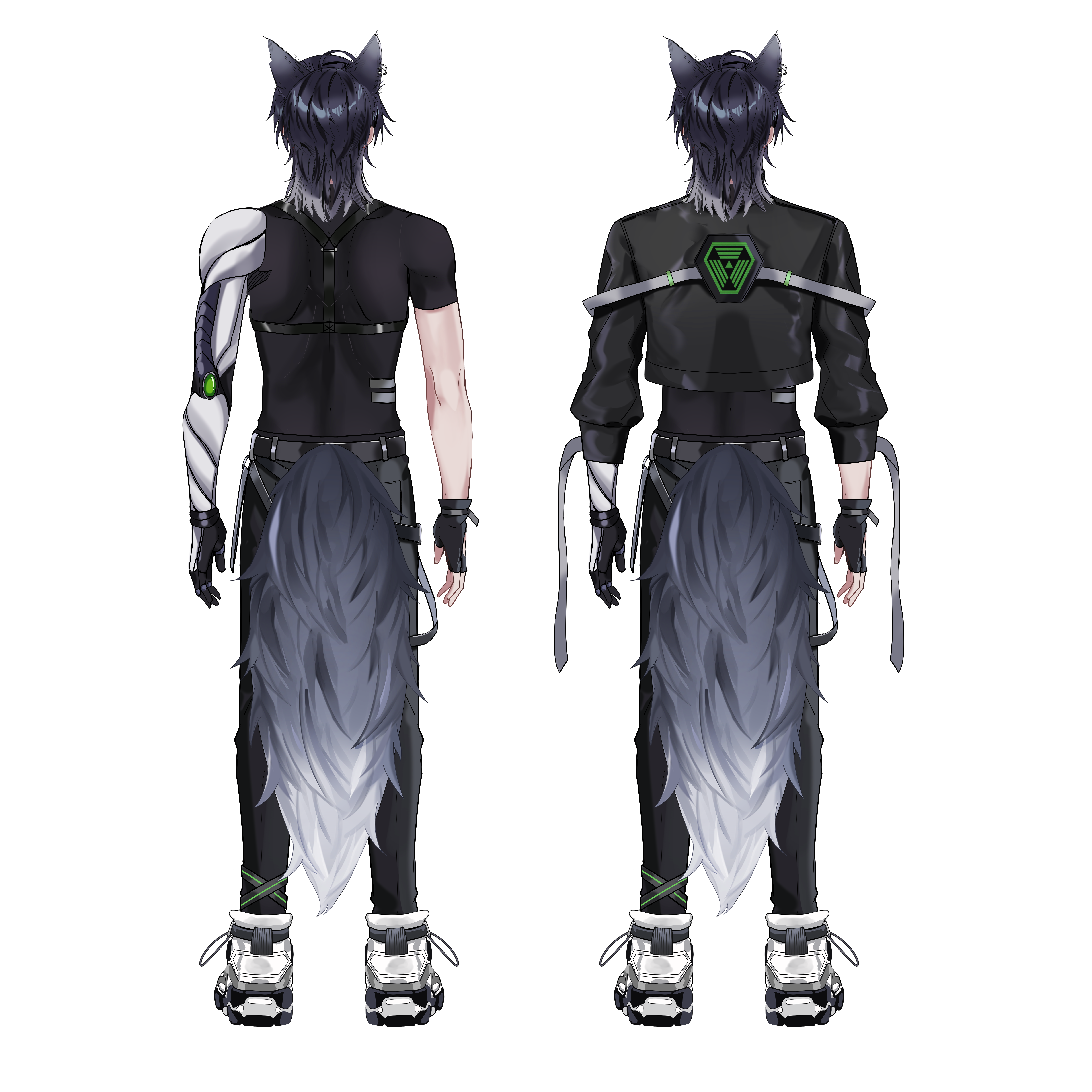 tsuuuno2, indie virtual youtuber, system shock, absurdres, commentary, english commentary, highres, second-party source, 1boy, animal ear piercing, animal ears, arms at sides, belt, black belt, black gloves, black hair, black jacket, black pants, black shirt, chest harness, cropped jacket, facing away, fingerless gloves, fox boy, fox ears, fox tail, from behind, full body, gloves, grey hair, grey tail, harness, jacket, male focus, mechanical arms, medium hair, multicolored hair, multiple views, no jacket, pants, shirt, shoes, short sleeves, simple background, single fingerless glove, single mechanical arm, standing, suimachine, tail, transparent background, two-tone hair, two-tone tail, undershirt, virtual youtuber, white shoes, white tail, wristband