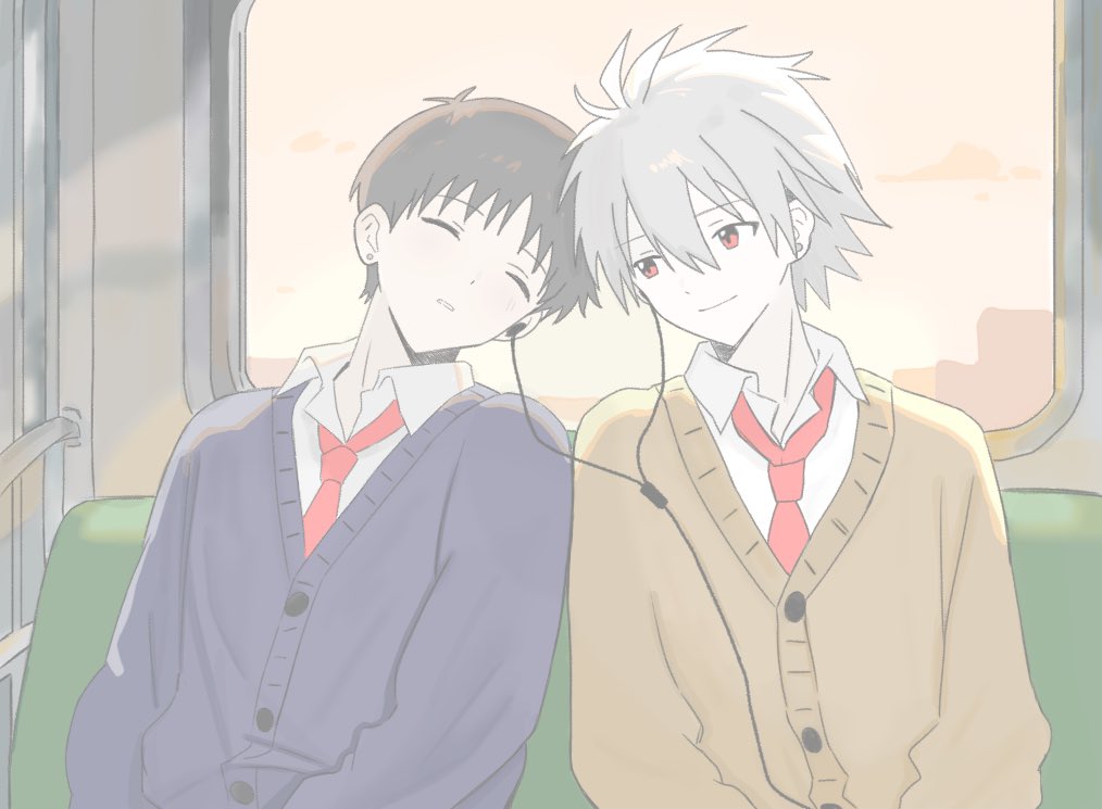 ikari shinji, nagisa kaworu, neon genesis evangelion, commentary request, 2boys, alternate costume, brown hair, buttons, cardigan, collared shirt, earphones, grey hair, hair between eyes, heads together, light smile, looking at another, male focus, multiple boys, necktie, oio 127, red eyes, red necktie, school uniform, shared earphones, shirt, short hair, sitting, sleeping, sleeping on person, train interior, white shirt, yaoi