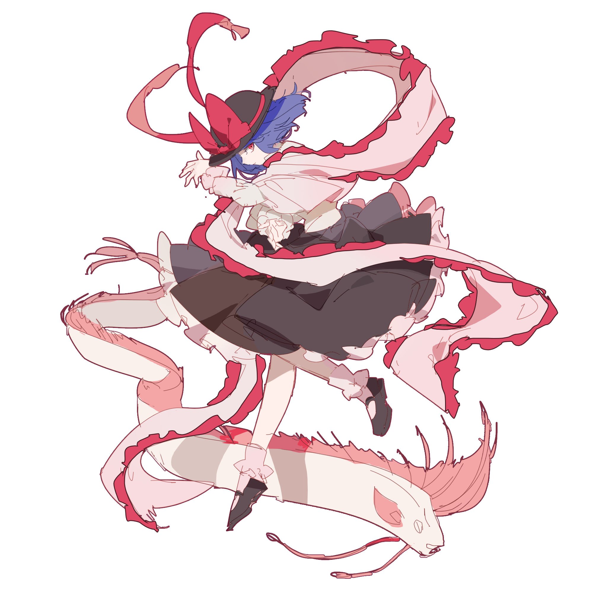 aibivy, nagae iku, touhou, commentary, highres, 1girl, animal, black hat, black shoes, black skirt, blue hair, bow, fish, frilled ribbon, frilled skirt, frills, from side, full body, hat, hat bow, looking at viewer, mary janes, oarfish, red bow, red eyes, ribbon, shirt, shoes, short hair, simple background, skirt, socks, solo, white background, white shirt, white socks