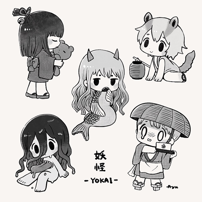 ayu (mog), original, commentary, commentary request, english commentary, mixed-language commentary, 0 0, 2boys, 3girls, animal ears, barefoot, bell, chibi, chibi only, closed mouth, double-parted bangs, geta, greyscale, hair bell, hair between eyes, hair ornament, hat, holding, holding stuffed toy, horns, japanese clothes, kimono, long hair, long hair between eyes, long sleeves, mermaid, monochrome, monster girl, multiple boys, multiple girls, nude, obi, open mouth, romaji commentary, sandals, sash, shirt, short hair, sleeveless, sleeveless shirt, solid oval eyes, stomach mouth, stuffed animal, stuffed toy, tail, teardrop, teddy bear, wide sleeves