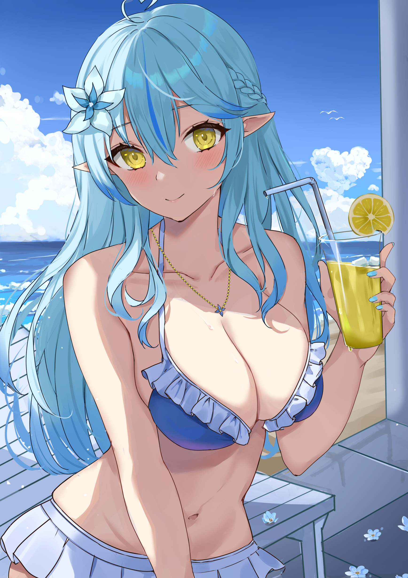 udonpan, yukihana lamy, hololive, absurdres, commentary request, highres, 1girl, ahoge, aqua hair, aqua nails, bare arms, bare shoulders, bikini, blue bikini, blush, breasts, cleavage, closed mouth, cloud, cloudy sky, collarbone, cup, drinking straw, fingernails, food, frilled bikini, frills, fruit, glass, hair between eyes, hair ornament, heart, heart ahoge, holding, holding cup, large breasts, lemon, lemon slice, lemonade, long hair, looking at viewer, nail polish, navel, sky, smile, solo, stomach, swimsuit, very long hair, yellow eyes