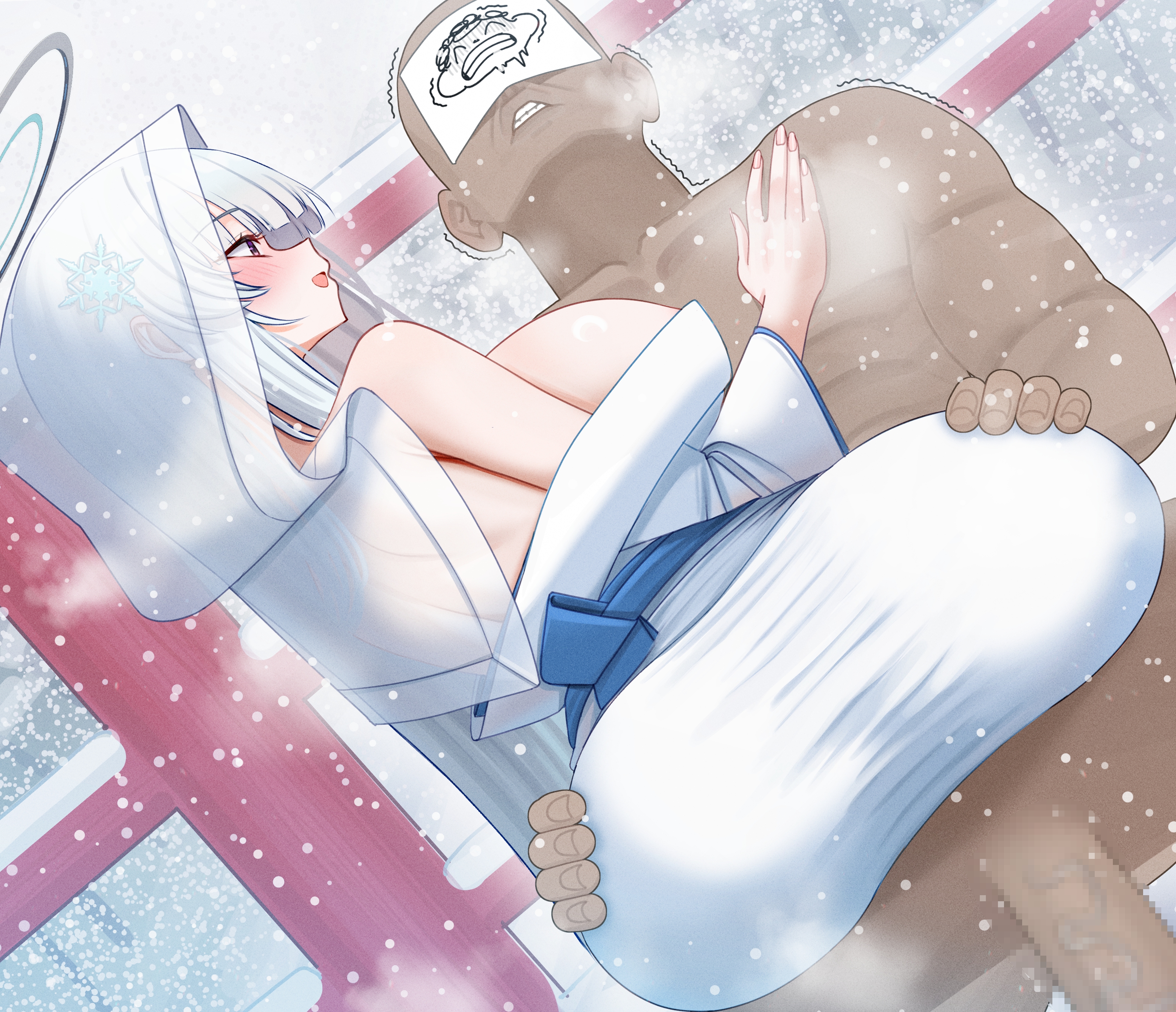 mizikayo, noa (blue archive), blue archive, 1boy, 1girl, ass, back, bare shoulders, blush, breasts, clothed female nude male, dark-skinned male, dark skin, flaccid, grabbing another's ass, groping, hand on another's chest, hood, hood up, huge ass, huge breasts, imminent penetration, japanese clothes, kimono, long hair, nude, penis, purple eyes, smile, snow, straddling, upright straddle, white hair