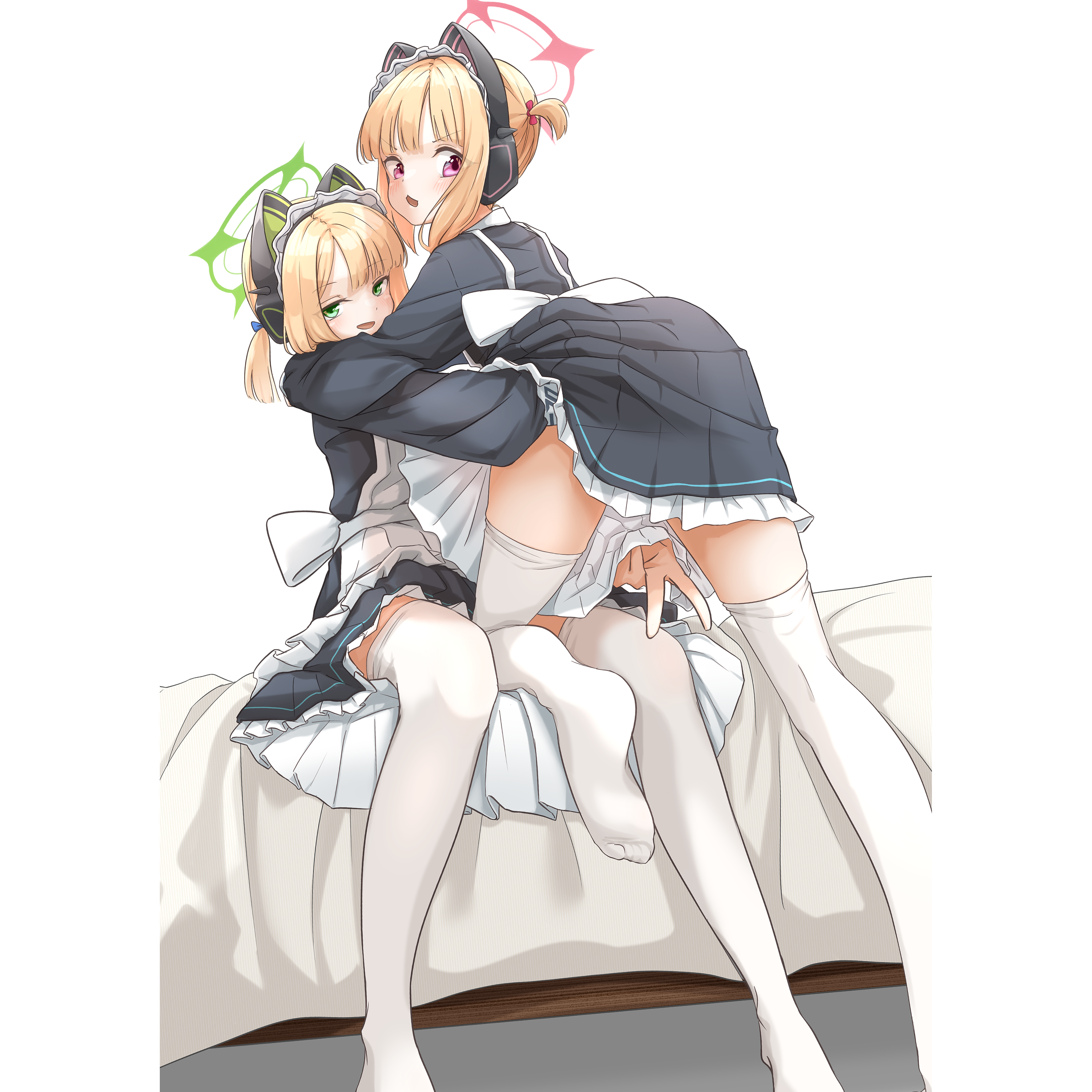 cake506, midori (blue archive), midori (maid) (blue archive), momoi (blue archive), momoi (maid) (blue archive), blue archive, 2girls, blonde hair, multiple girls, on bed, sitting