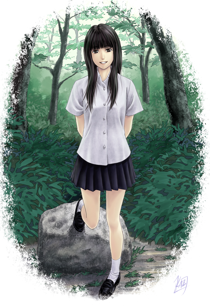 mcq, original, 1girl, arms behind back, black eyes, black hair, female focus, forest, legs, looking at viewer, nature, pleated skirt, rock, signature, skirt, smile, solo, standing, standing on one leg, tree