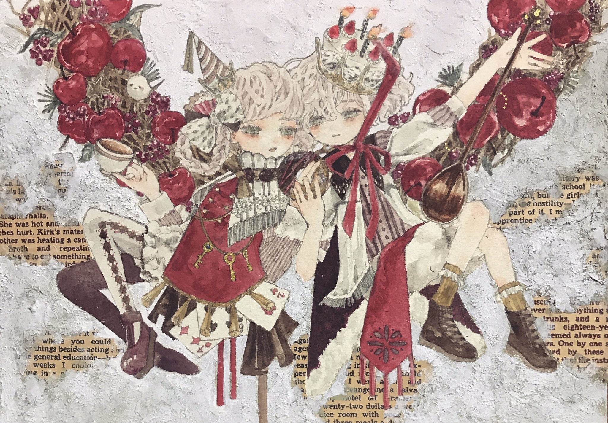 karintoun, original, acrylic paint (medium), commentary request, highres, painting (medium), traditional media, watercolor (medium), 2girls, ankle socks, apple, blush, boots, bow, bowtie, brown eyes, cake, candle, crown, cup, curly hair, dress, earrings, food, from above, fruit, hair bow, holding, holding cup, jewelry, long sleeves, multicolored hair, multiple girls, necklace, open mouth, pale skin, parted bangs, portrait, ribbon, shoes, short hair, sidelocks, simple background, sitting, socks, upper body, white background