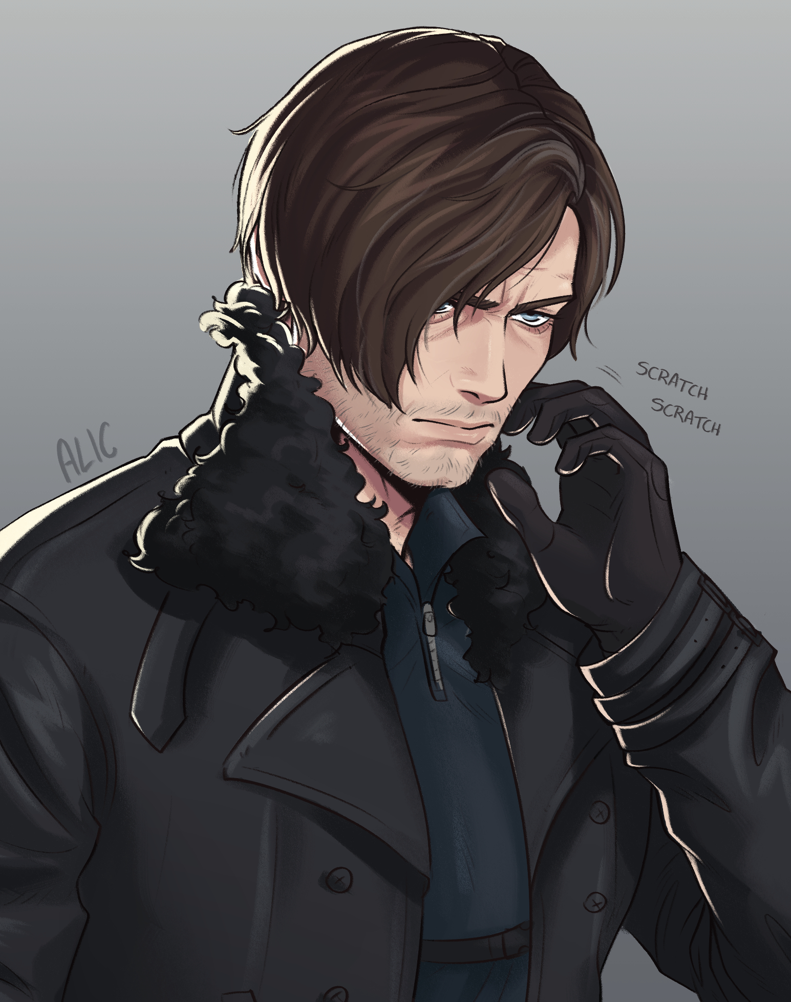 leon s. kennedy, resident evil, resident evil requiem, commentary, english commentary, highres, 1boy, apeo0r, artist name, black gloves, black jacket, blue eyes, brown hair, gloves, jacket, male focus, shirt, signature, solo