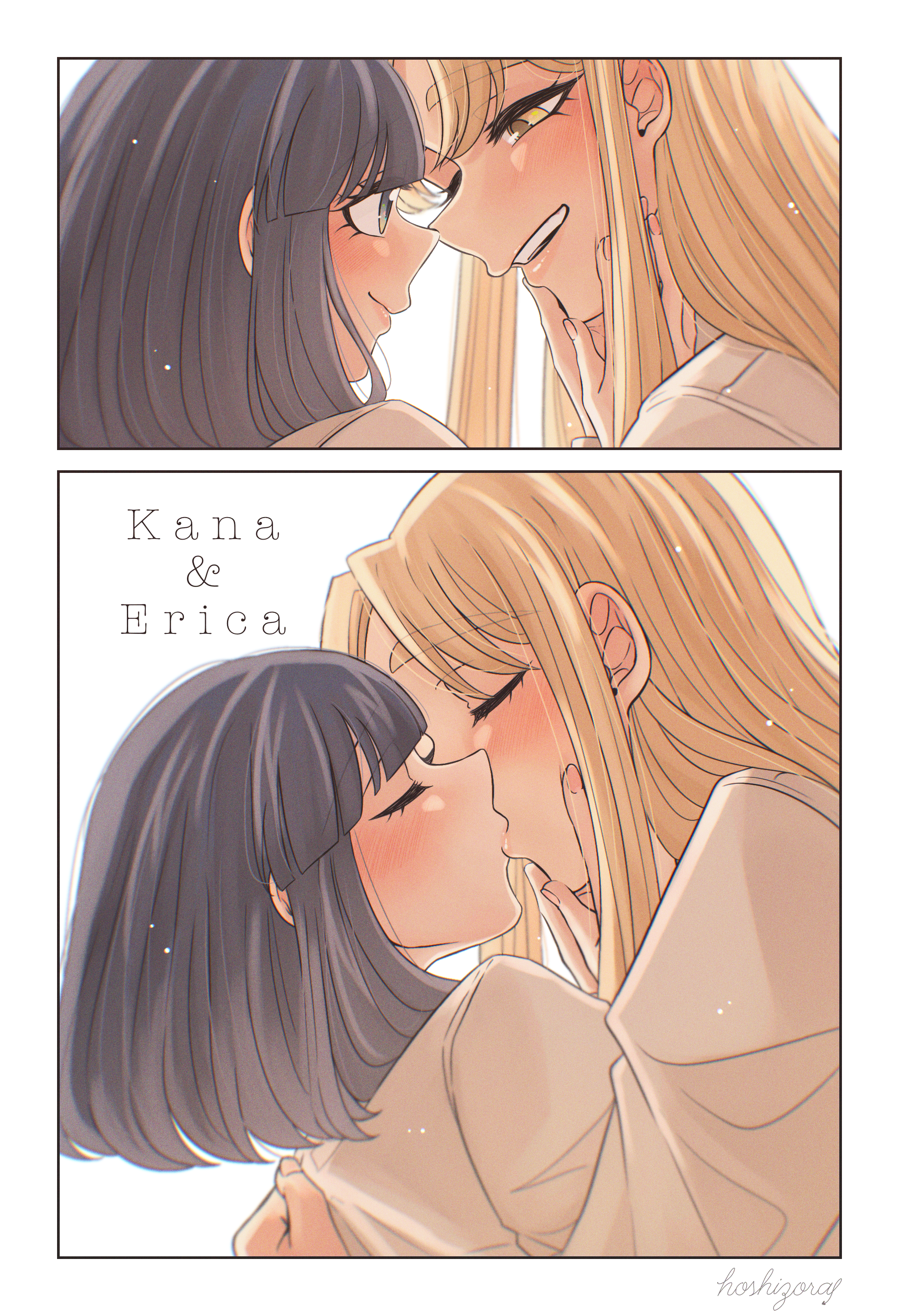 hoshizora no shita, original, absurdres, commentary request, highres, 2girls, black hair, blonde hair, character name, closed eyes, closed mouth, eye contact, grey eyes, hand on another's face, long hair, looking at another, medium hair, multiple girls, parted lips, shirt, smile, white shirt, yellow eyes, yuri