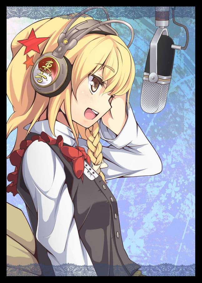 akeboshi kagayo, kirisame marisa, audio-technica, touhou, bad id, bad pixiv id, 1girl, blonde hair, braid, female focus, headphones, microphone, recording studio, solo, star (symbol), studio microphone