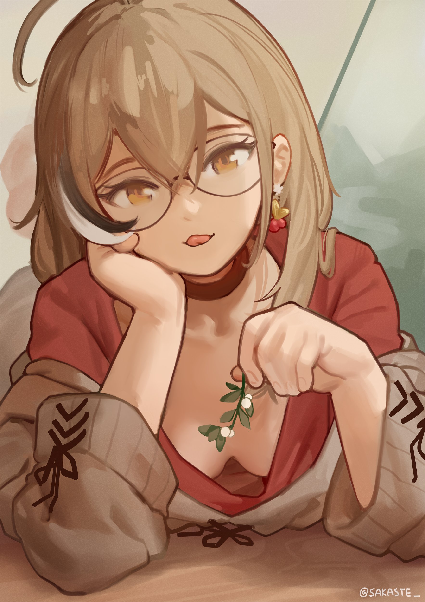 sakaste, nanashi mumei, nanashi mumei (casual), hololive, hololive english, absurdres, commentary, english commentary, highres, 1girl, ahoge, artist name, berry, black choker, black streaks, branch, breasts, brown choker, brown eyes, brown hair, brown hoodie, choker, crossed bangs, downblouse, earrings, food-themed earrings, glasses, hair between eyes, hand on own face, head rest, holding, holding branch, hood, hoodie, jewelry, leaf, long hair, long sleeves, looking at viewer, medium breasts, multicolored hair, official alternate costume, red shirt, shirt, solo, streaked hair, sweater, tongue, tongue out, twitter username, virtual youtuber, white streaks, white sweater