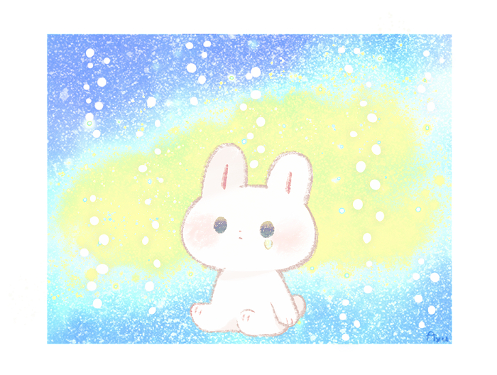 ayu (mog), original, commentary, commentary request, english commentary, mixed-language commentary, animal, animal focus, artist name, blush, border, closed mouth, full body, no humans, rabbit, romaji commentary, sitting, sky, solid circle eyes, solo, star (sky), starry sky, teardrop, white border