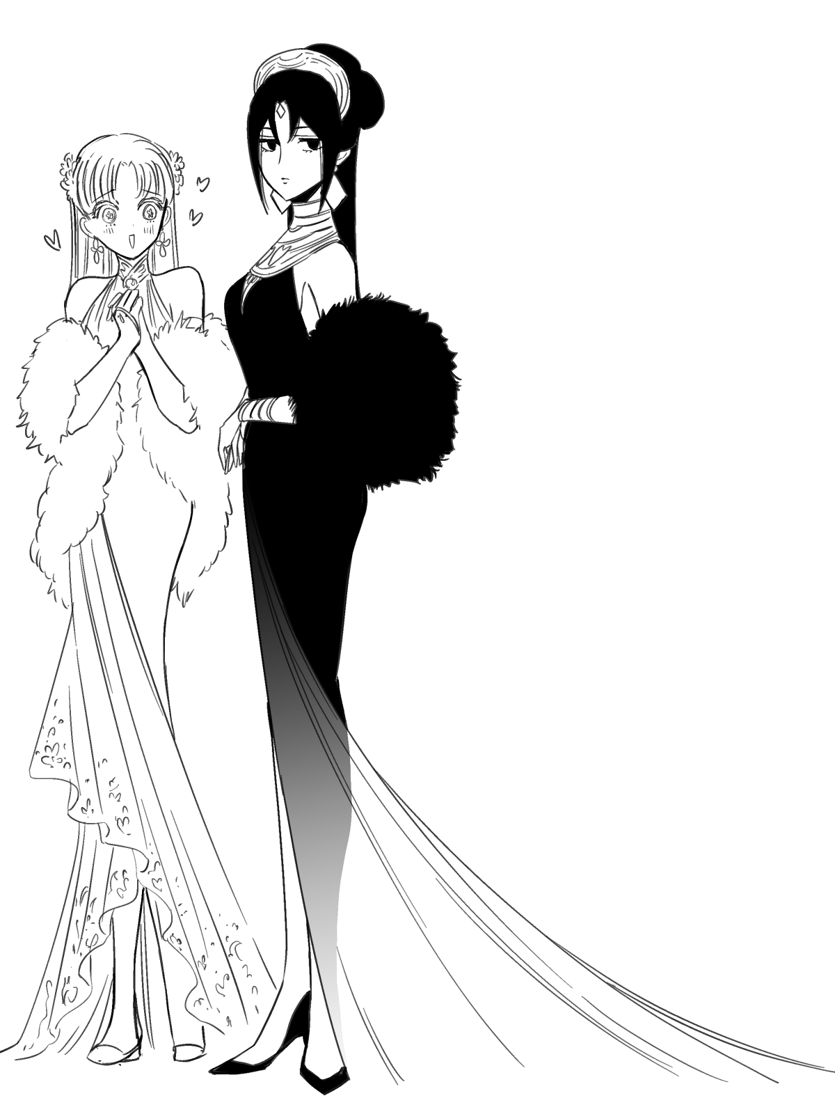 ohitsuji ei, commentary request, highres, 2girls, :d, bare shoulders, blush, bracelet, breasts, closed mouth, d'orsay heels, diamond earrings, dress, earrings, empty eyes, evening gown, expressionless, feather boa, flower, flower-shaped pupils, flower earrings, forehead jewel, from side, full body, genderswap, genderswap (mtf), greyscale, hades (ohitsuji ei), hair bun, hair flower, hair ornament, halter dress, halterneck, heart, high heels, jewelry, jitome, long dress, long hair, looking at another, looking at viewer, looking to the side, medium breasts, monochrome, multiple girls, open mouth, own hands together, parted bangs, persephone (ohitsuji ei), see-through dress layer, simple background, sleeveless, sleeveless dress, smile, standing, symbol-shaped pupils, tiara, white background, yukai na shintouki