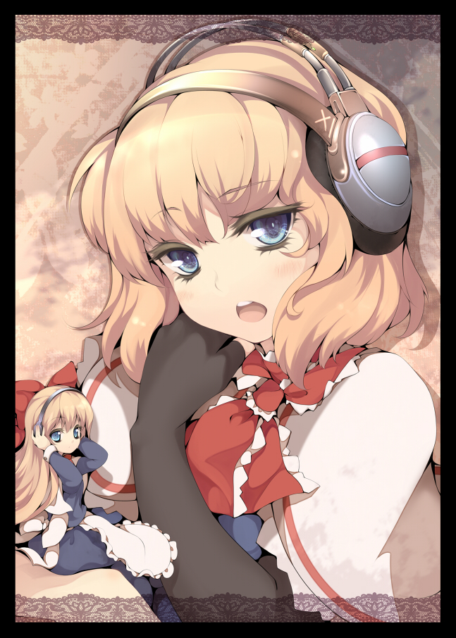 uruu gekka, alice margatroid, shanghai doll, touhou, 2girls, apron, blonde hair, blue eyes, colored eyelashes, doll, eyelashes, female focus, headphones, lace, long hair, looking back, matching shanghai, multiple girls, open mouth