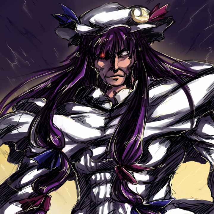 onimaru gonpei, patchouli knowledge, touhou, 1girl, abs, female focus, frown, glowing, glowing eye, glowing eyes, hat, long hair, muscular, no pupils, purple hair, ribbon, solo