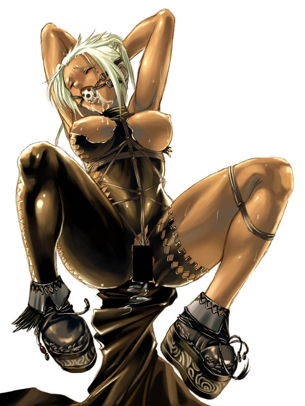 rose (magna carta), magna carta, magna carta: the phantom of avalanche, platform footwear, 1girl, ball gag, bdsm, bondage, bound, breasts, censored, cum, cum in mouth, cum in pussy, dark-skinned female, dark skin, female focus, gag, gagged, nipples, single thighhigh, solo, thighhighs, white hair, wiffle gag