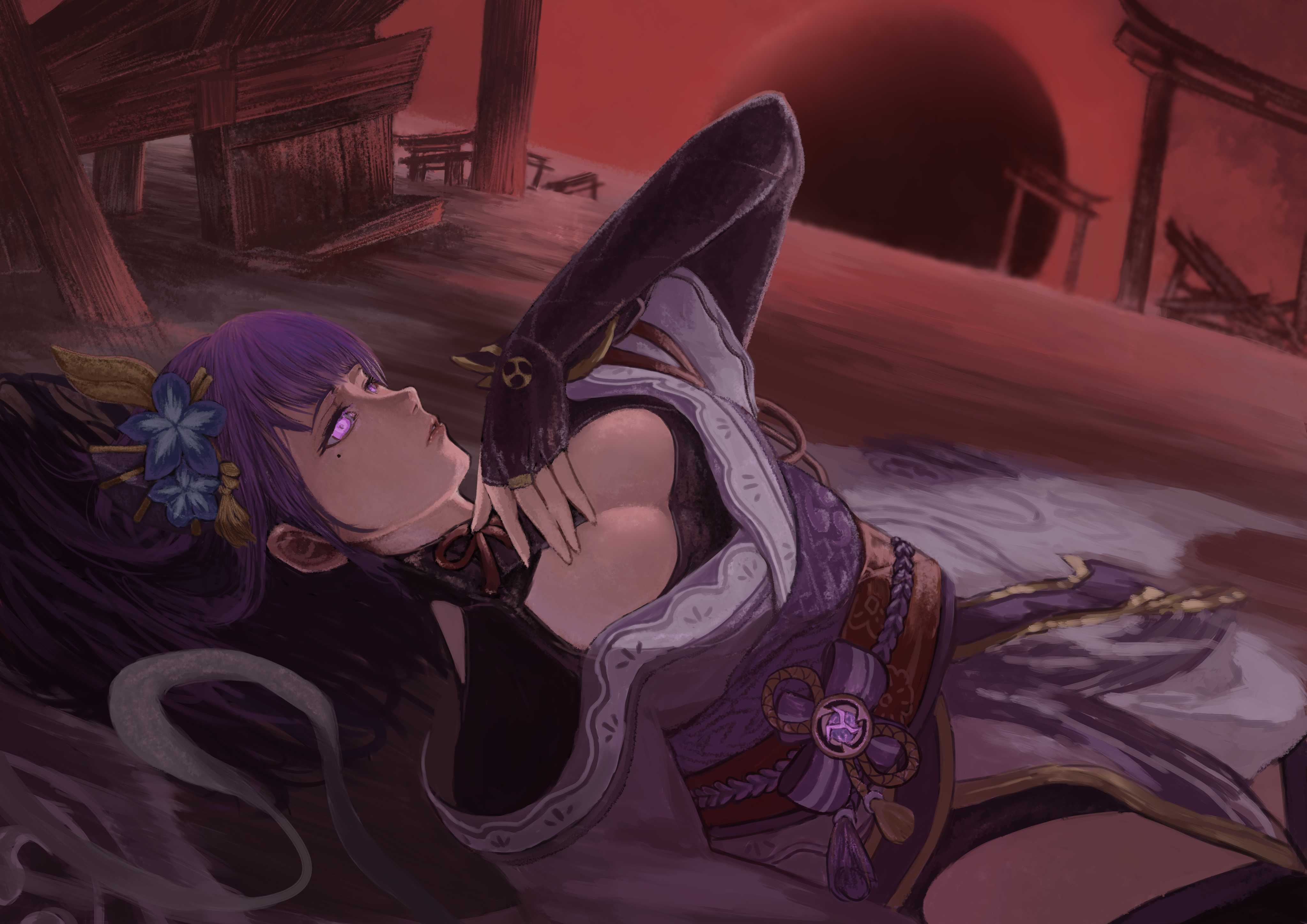 ezawa, raiden shogun, genshin impact, absurdres, commentary request, highres, 1girl, blunt bangs, blurry, blurry background, breasts, bridal gauntlets, cleavage, fan hair ornament, flower ornament, glowing, glowing eyes, hair ornament, japanese clothes, kimono, large breasts, lingerie, long hair, looking up, lying, mitsudomoe (shape), mole, mole under eye, on back, parted lips, purple eyes, purple hair, purple kimono, red background, red sky, shade, sky, solo, thighs, tomoe (symbol), underwear