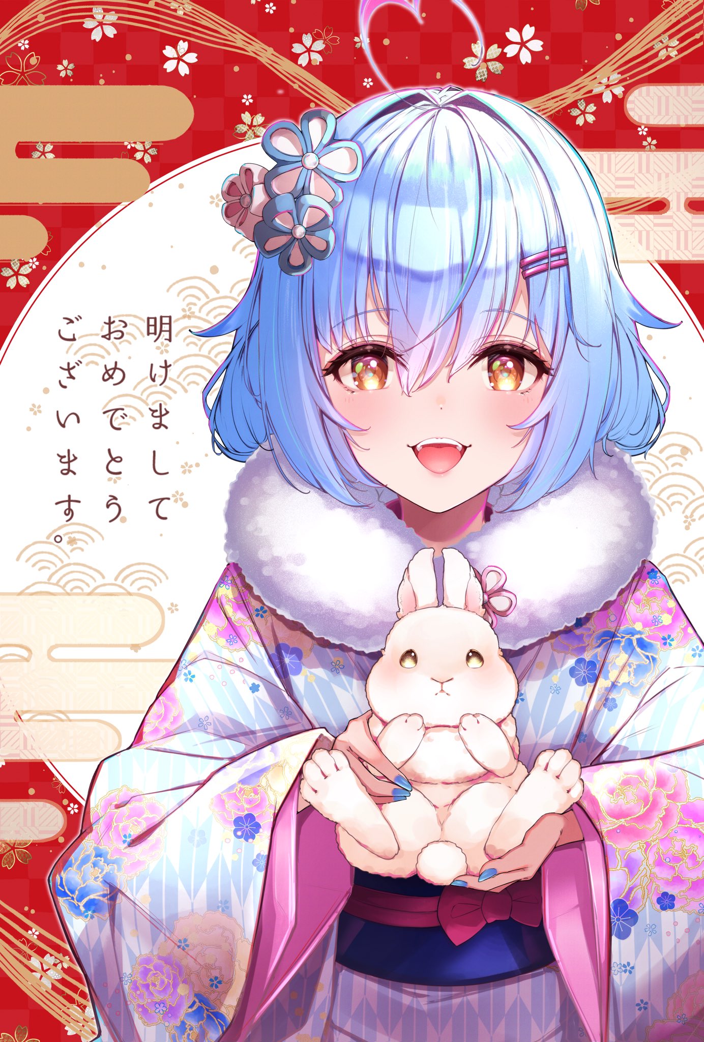 yugsa (0828), yukihana lamy, hololive, commentary request, highres, translation request, 1girl, ahoge, animal, blue hair, blue kimono, blue nails, blush, colored tips, floral print, floral print kimono, hair between eyes, hair ornament, hairclip, hairpin, heart, heart ahoge, holding, holding animal, japanese clothes, kimono, looking at viewer, multicolored hair, open mouth, print kimono, rabbit, short hair, smile, upper body, virtual youtuber, white rabbit (animal), wide sleeves, yellow eyes