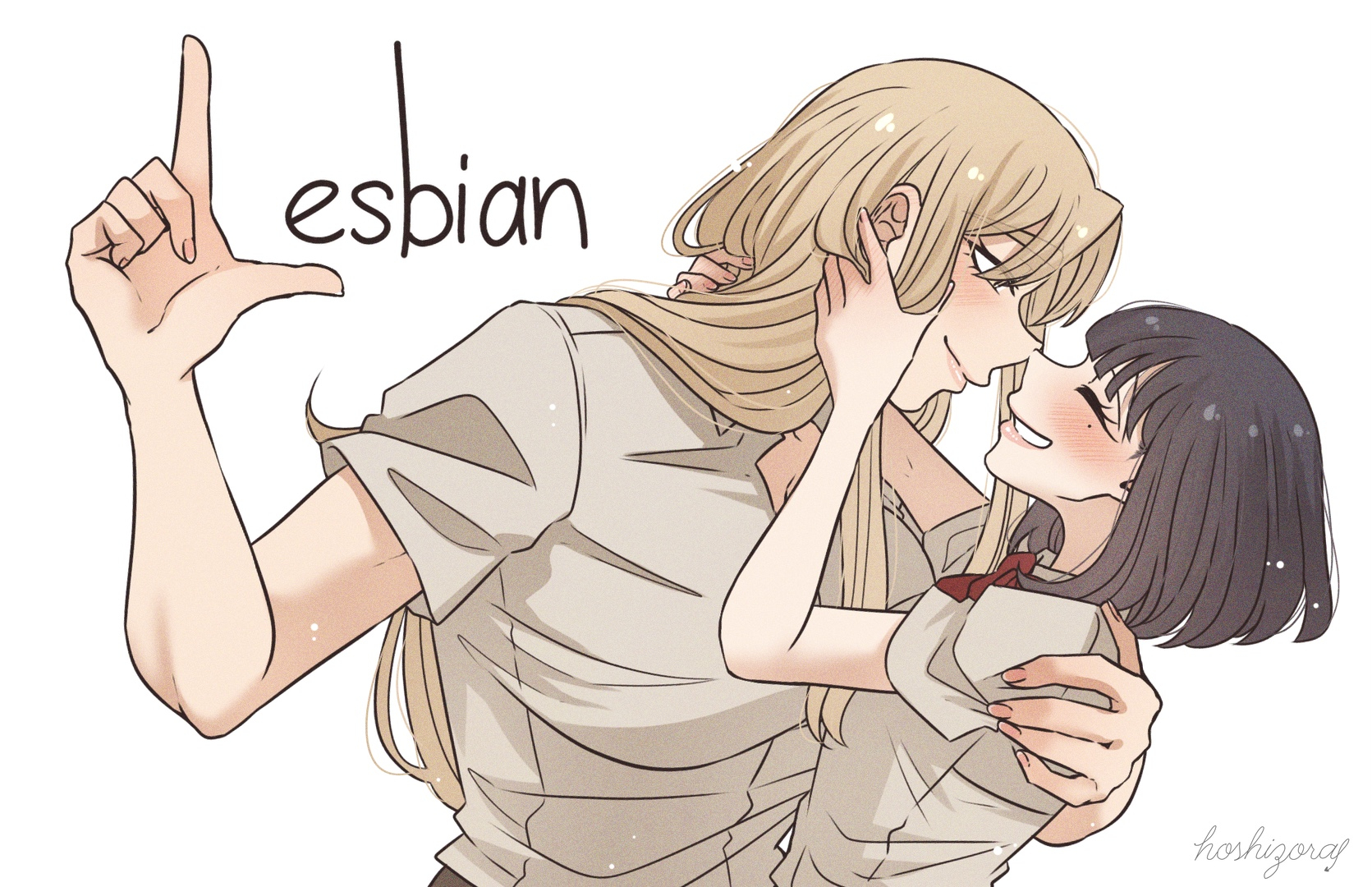 hoshizora no shita, original, commentary request, highres, 2girls, artist name, black hair, blonde hair, bow, bowtie, closed mouth, collared shirt, hand on another's shoulder, l hand, long hair, medium hair, mole, mole under eye, multiple girls, parted lips, red bow, red bowtie, school uniform, shirt, simple background, smile, white background, white shirt, yuri