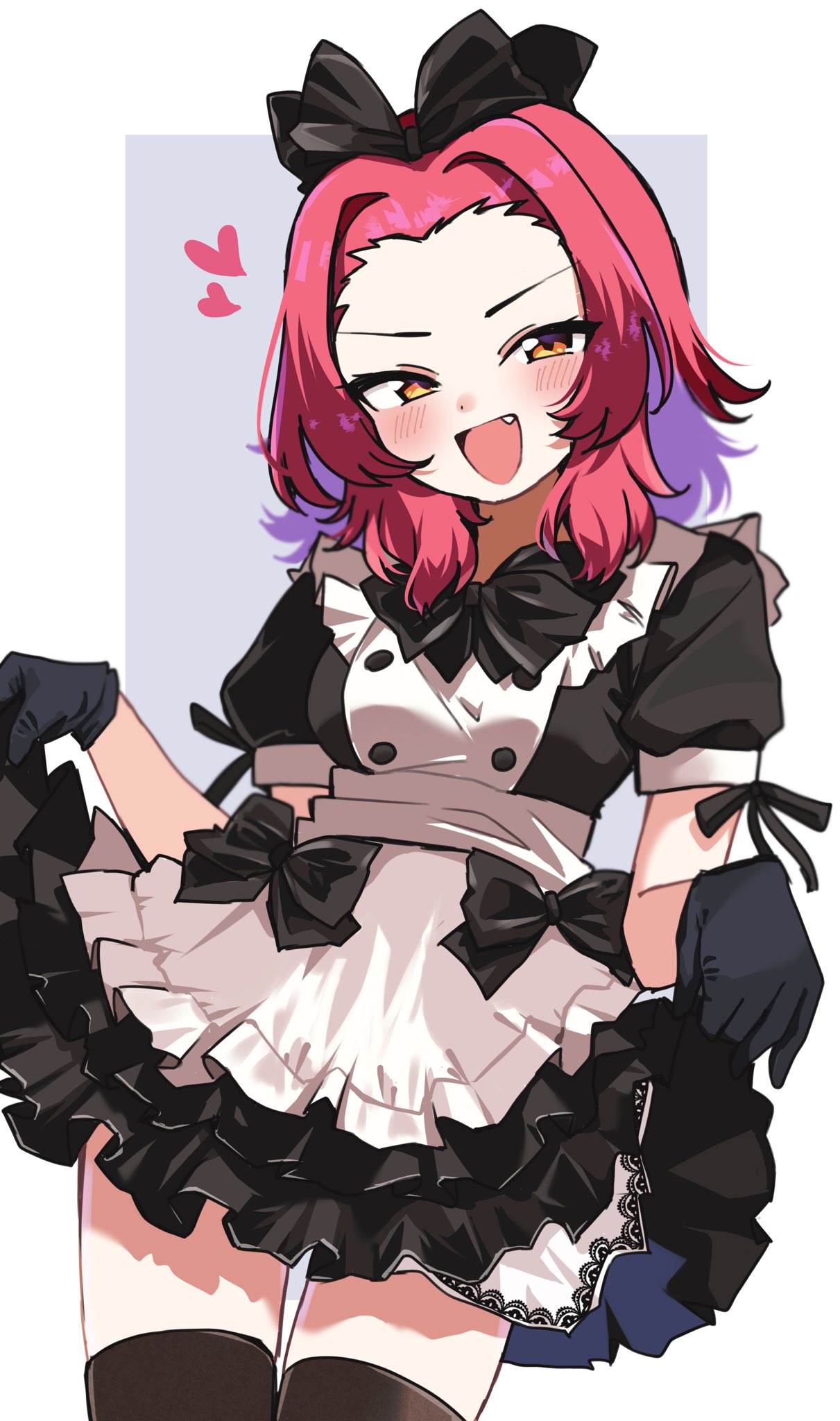 rosehip (girls und panzer), girls und panzer, commentary, highres, 1girl, alternate costume, apron, black bow, black dress, black gloves, black thighhighs, blush, bow, dress, dress bow, fang, feet out of frame, frilled dress, frills, gloves, hair bow, half-closed eyes, heart, long hair, looking at viewer, maid, maid apron, maid headdress, open mouth, puffy short sleeves, puffy sleeves, red eyes, red hair, short dress, short sleeves, simple background, skirt hold, smirk, solo, standing, thighhighs, zono 404
