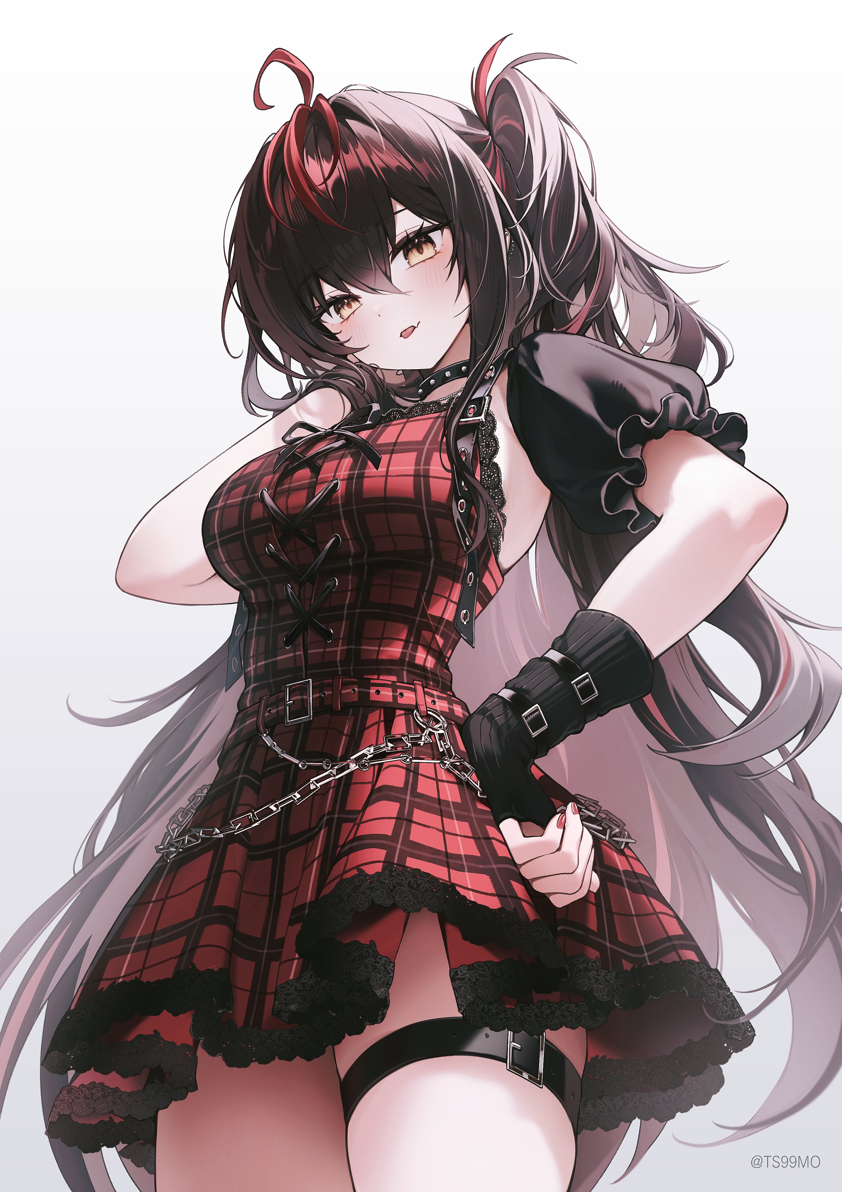 ham99luv, original, absurdres, commentary, highres, symbol-only commentary, 1girl, ahoge, armpits, asymmetrical sleeves, belt, black choker, black dress, black hair, blush, breasts, brown eyes, chain, choker, detached sleeves, dress, from below, gauntlets, hair between eyes, hand in own hair, hand on own hip, long hair, looking at viewer, medium breasts, messy hair, multicolored hair, one side up, plaid clothes, plaid dress, puffy sleeves, red dress, red hair, red nails, short sleeves, simple background, sleeveless, sleeveless dress, solo, studded choker, thigh strap, thighs, tongue, tongue out, two-tone dress, two-tone hair, very long hair, white background, yellow eyes