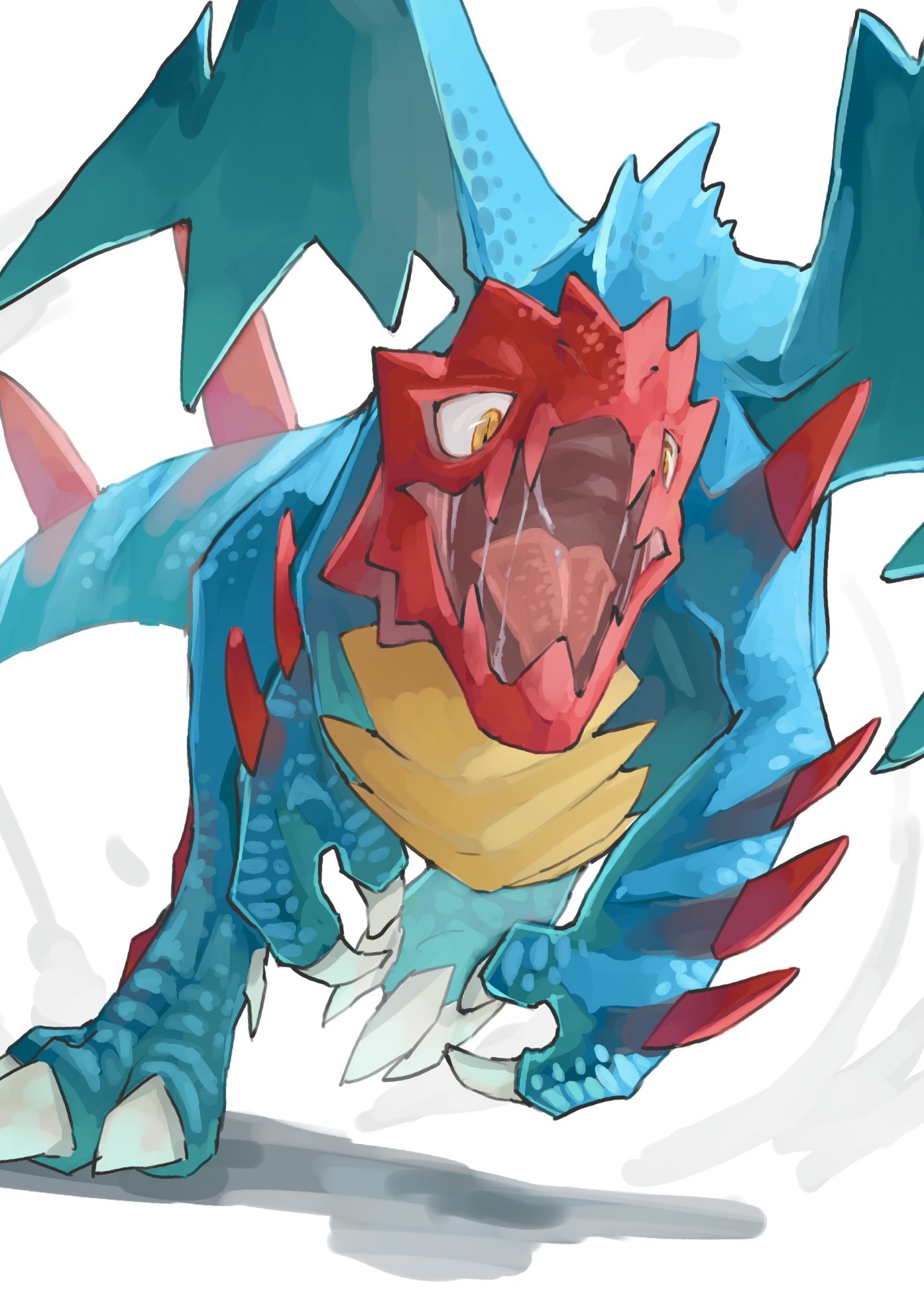 sake maguro, druddigon, nintendo, pokemon, commentary request, highres, 1other, blue skin, claws, colored skin, dragon, dragon tail, dragon wings, fangs, gen 5 pokemon, no humans, open mouth, orange eyes, pokemon (creature), pokemon focus, saliva, scales, simple background, solo, spikes, tail, tongue, white background, wings