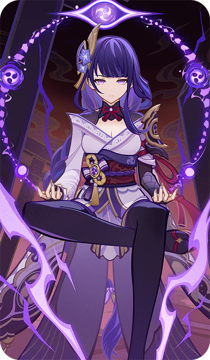 raiden shogun, genshin impact, bad source, game cg, official art, 1girl, black thighhighs, blunt bangs, braid, bridal gauntlets, closed mouth, flower, hair ornament, japanese clothes, kimono, long braid, long hair, long sleeves, looking at viewer, low-braided long hair, low-tied long hair, mole, mole under eye, obi, purple eyes, purple flower, purple hair, purple kimono, purple nails, sandals, sash, sitting, solo, thighhighs