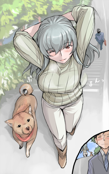 tsuda nanafushi, suigintou, rozen maiden, silver hair, 00s, 1girl, aged up, blush, bouncing breasts, breasts, casual, dog, large breasts, long hair, red eyes