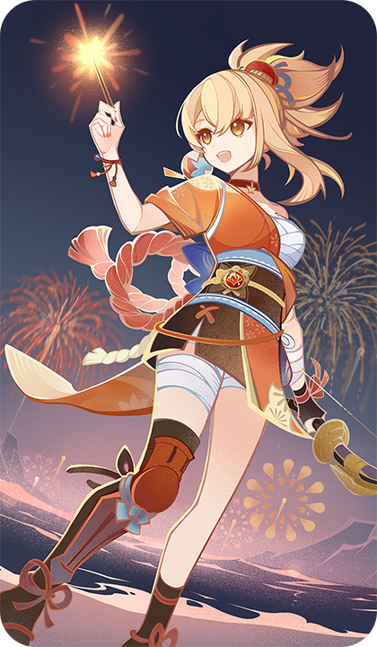 yoimiya (genshin impact), genshin impact, bad source, official art, 1girl, aerial fireworks, asymmetrical legwear, bandaged arm, bandaged leg, bandages, black socks, black thighhighs, blonde hair, bow (weapon), chest sarashi, choker, fireworks, hand up, hand wraps, holding, holding bow (weapon), holding fireworks, holding weapon, japanese clothes, kimono, looking at object, medium hair, night, open mouth, orange kimono, outdoors, red choker, sarashi, short sleeves, single sleeve, smile, socks, solo, standing, thighhighs, uneven legwear, vision (genshin impact), weapon, yellow eyes
