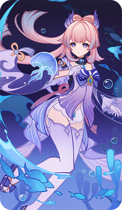 sangonomiya kokomi, genshin impact, bad source, official art, 1girl, blue hair, blue horns, bow-shaped hair, colored tips, detached sleeves, fish, gloves, half gloves, horns, jellyfish, long hair, long sleeves, looking at animal, multicolored eyes, multicolored hair, parted lips, pink hair, sandals, shorts, solo, tabi, thighhighs, two-tone eyes, underwater, white gloves, white shorts, white thighhighs, wide sleeves