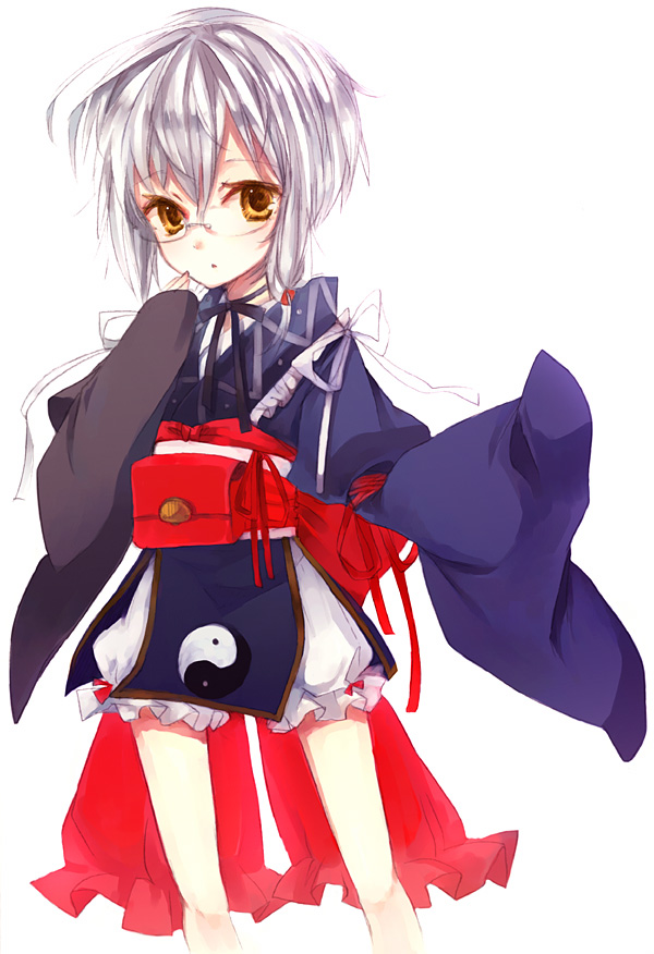 shimakoma, morichika rinnosuke, curiosities of lotus asia, touhou, silver hair, bad id, bad pixiv id, 1girl, female focus, genderswap, genderswap (mtf), glasses, short hair, solo, white background, yellow eyes