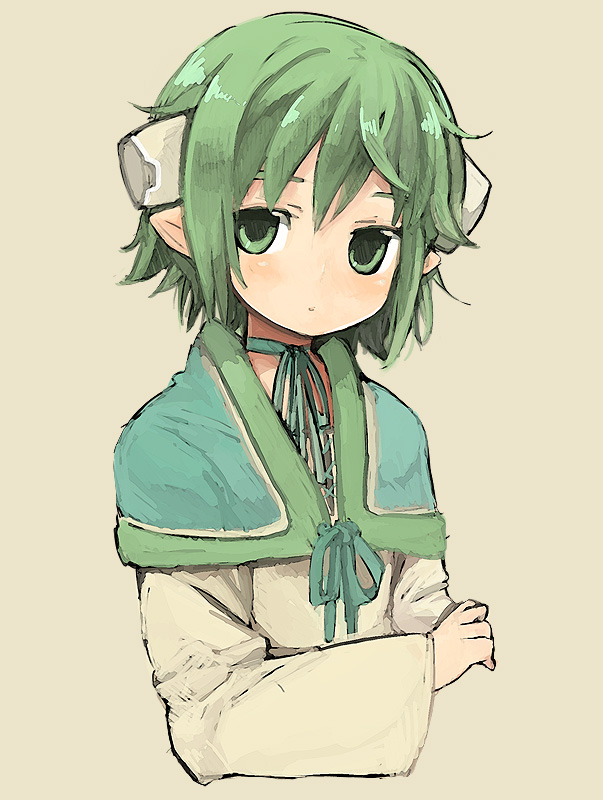 dadami, resi, summon night, summon night 2, bad id, bad pixiv id, gender request, androgynous, green eyes, green hair, horns, male focus, matching hair/eyes, pointy ears, solo