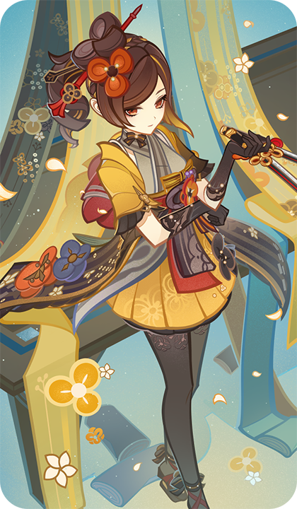 chiori (genshin impact), genshin impact, bad source, official art, 1girl, black gloves, black pantyhose, black sandals, blonde hair, brown hair, closed mouth, colored inner hair, falling petals, gloves, hair ornament, hairpin, hand up, holding, holding sword, holding weapon, japanese clothes, kimono, looking at viewer, medium hair, multicolored hair, obi, pantyhose, petals, red eyes, sandals, sash, short sleeves, skirt, solo, standing, sword, weapon, yellow skirt