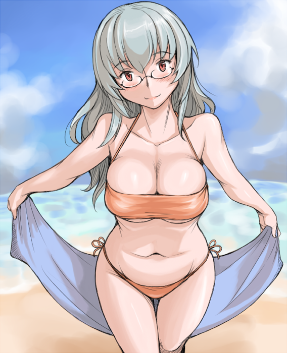 tsuda nanafushi, suigintou, rozen maiden, silver hair, 00s, 1girl, aged up, beach, bikini, blush, breasts, cleavage, day, female focus, glasses, large breasts, long hair, ocean, orange bikini, outdoors, red eyes, side-tie bikini bottom, solo, swimsuit, towel