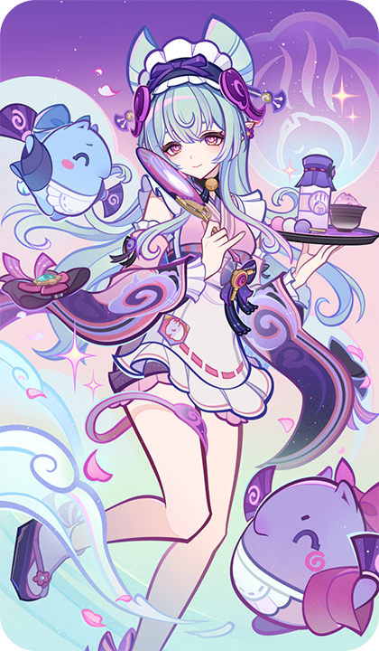 yumemizuki mizuki, genshin impact, bad source, official art, 1girl, apron, aqua hair, black sandals, closed mouth, detached sleeves, falling petals, frilled hairband, frills, hairband, hand fan, hands up, holding, holding fan, japanese clothes, kimono, long sleeves, looking at viewer, maid, petals, pink kimono, pointy ears, sandals, sleeveless, sleeveless kimono, smile, socks, solo, standing, standing on one leg, tabi, tail, tapir girl, tapir tail, wa maid, white apron, white socks