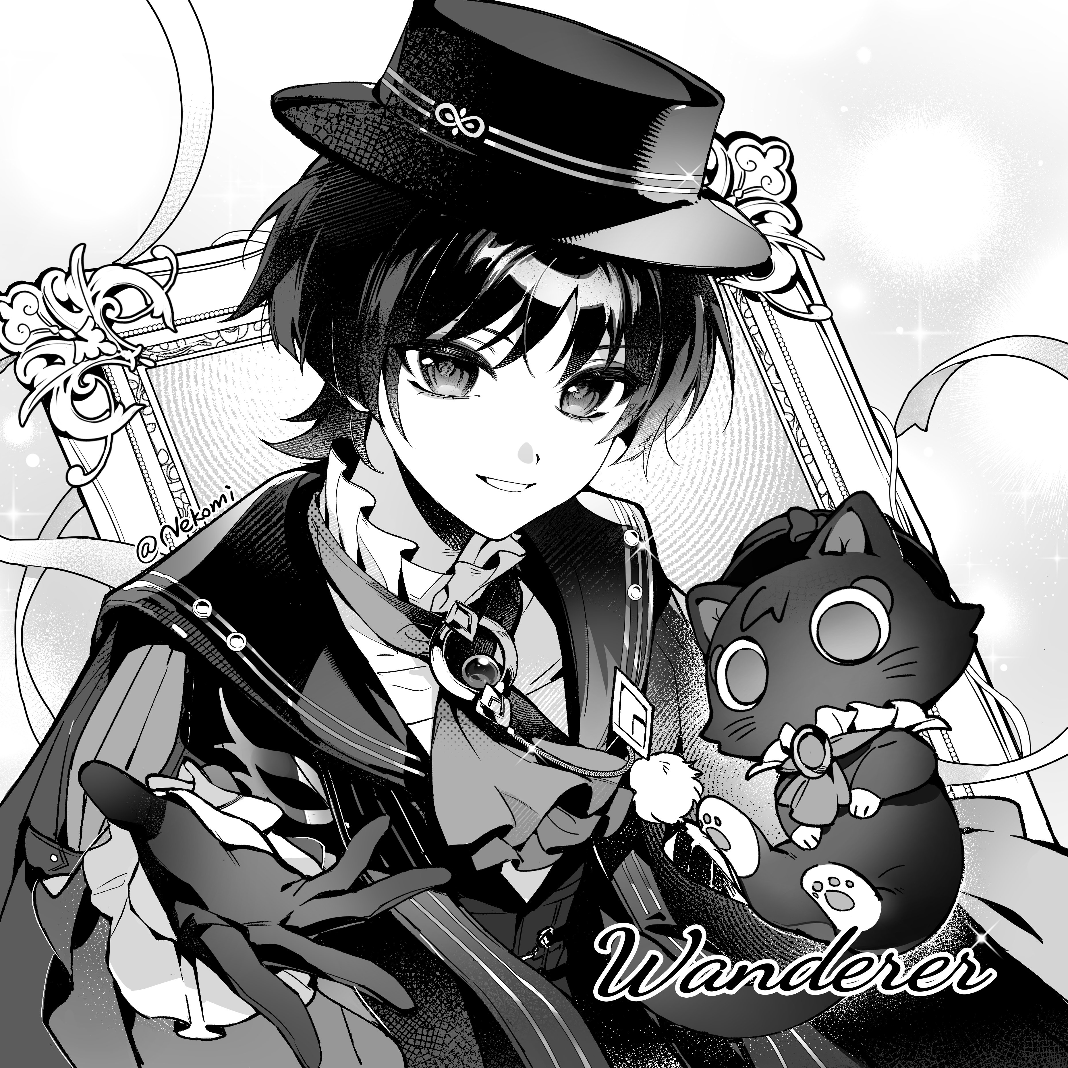 nekomi 0, scaramouche (cat) (genshin impact), scaramouche (genshin impact), wanderer (genshin fes 2026) (genshin impact), wanderer (genshin impact), genshin impact, absurdres, hashtag-only commentary, highres, 1boy, animalization, blunt ends, boater hat, brooch, cat, cloak, dress shirt, eyelashes, formal clothes, frilled shirt collar, frilled sleeves, frills, glint, gloves, greyscale, jewelry, layered ascot, long sleeves, looking at viewer, male focus, monochrome, offering hand, official alternate costume, parted lips, person and animalization, picture frame, pom pom (clothes), portrait, shirt, smile, tsurime, twitter username, undershirt, vest, wispy bangs