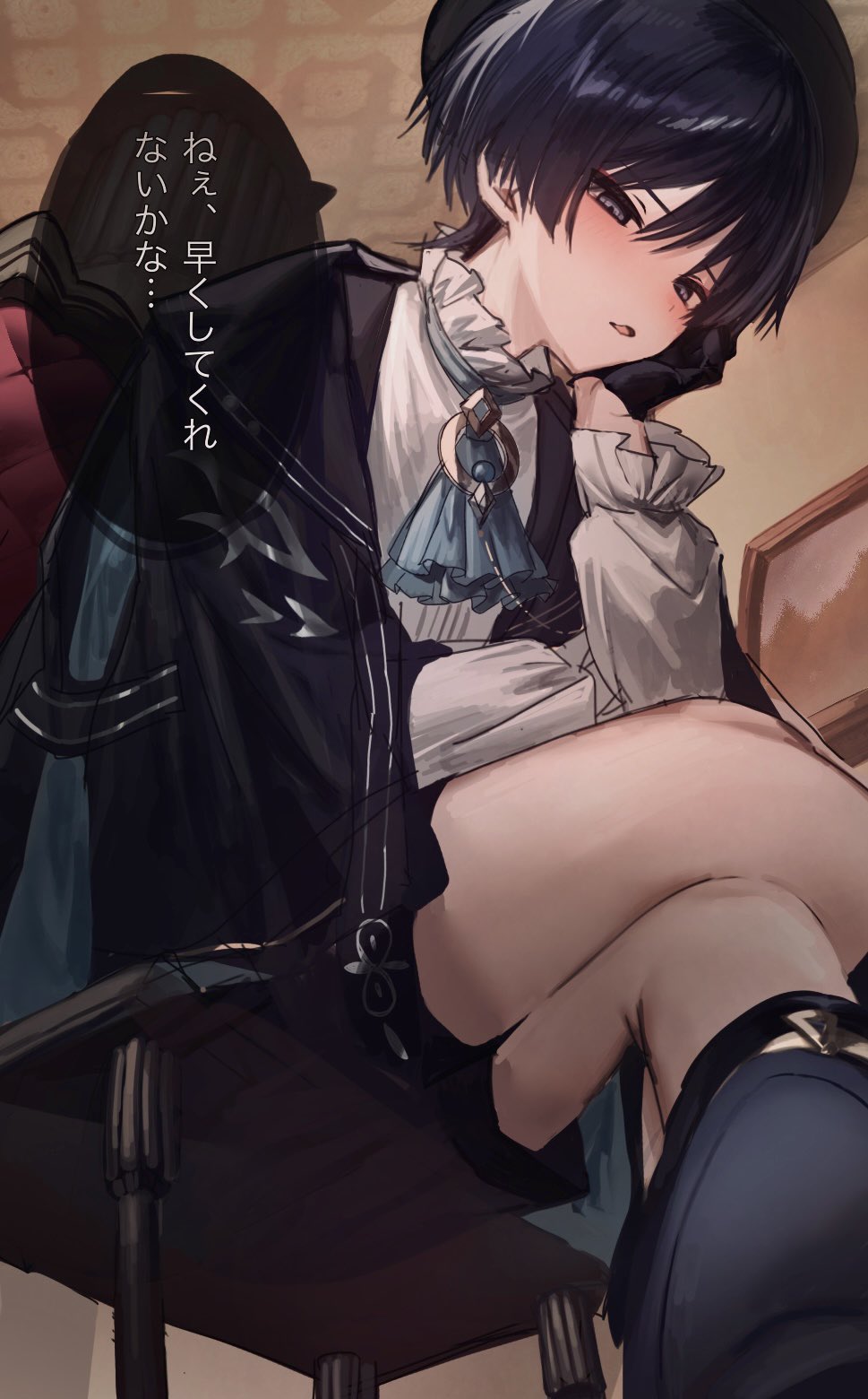 yu (geda4335), scaramouche (genshin impact), wanderer (genshin fes 2026) (genshin impact), wanderer (genshin impact), genshin impact, commentary request, highres, translation request, 1boy, ascot, black cloak, black eyes, black gloves, black hair, black hat, black shorts, blue ascot, blue gemstone, brooch, chair, cloak, crossed legs, dress shirt, eyeliner, eyeshadow, formal clothes, frilled shirt collar, frilled sleeves, frills, from below, gem, gloves, gold, half gloves, hand on own face, hand up, hat, indoors, jewelry, layered ascot, long sleeves, looking at viewer, makeup, male focus, official alternate costume, open mouth, picture frame, red eyeliner, red eyeshadow, ringed eyes, shirt, shorts, sitting, solo, speech bubble, transparent chair, tsurime, undershirt, white shirt, white trim