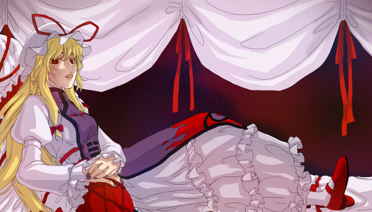 saharan, yakumo yukari, touhou, bad id, bad pixiv id, 1girl, blonde hair, female focus, hat, long hair, mary janes, nail polish, purple nails, red eyes, shoes, solo
